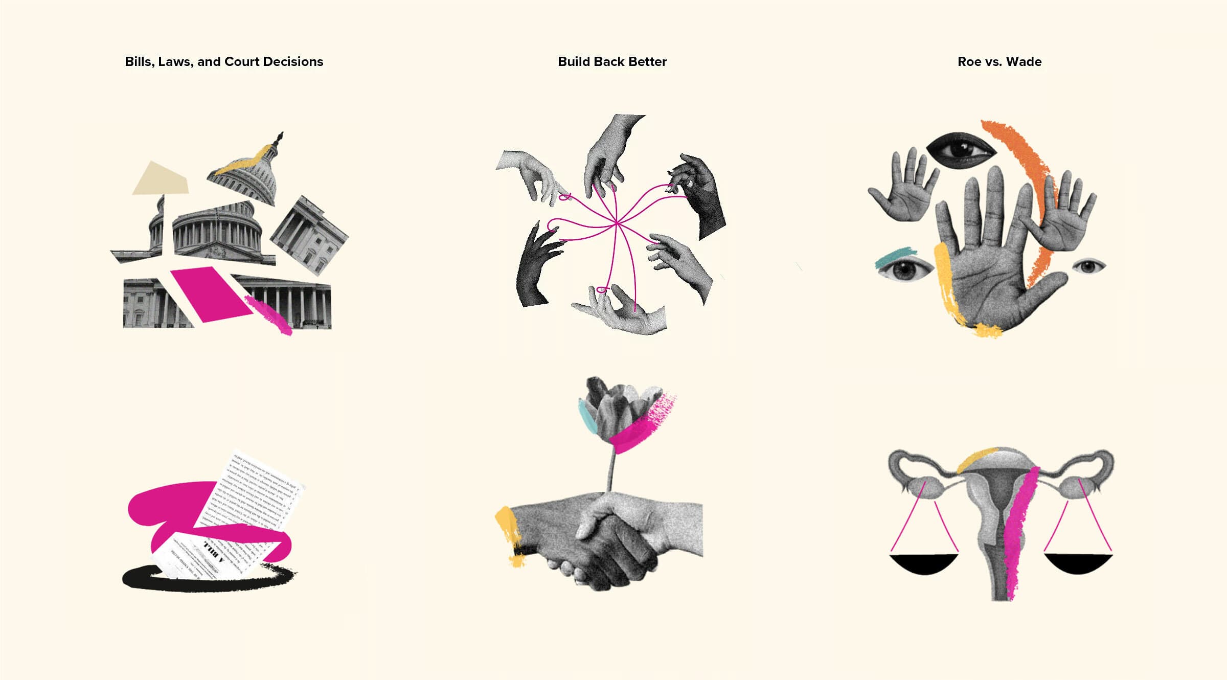 A collage consisting of six parts related to various social issues: bills/laws, Build Back Better, and Roe vs. Wade. Images include the U.S. Capitol, hands collaborating, eyes and women's health symbols, a document with a pen, shaking hands, and a uterus with scales.