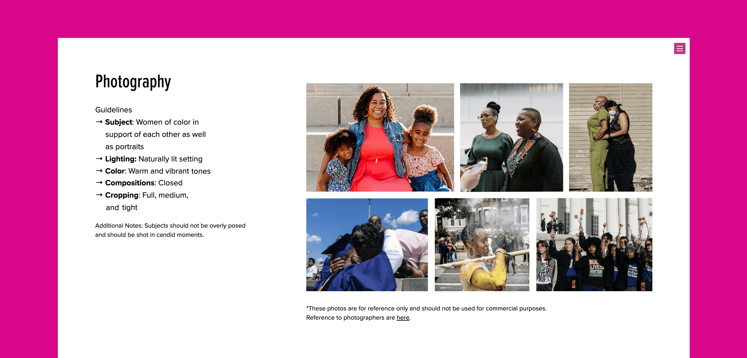 A webpage layout with photography guidelines featuring six images. Top left: three women smiling with a child. Top right: two people embracing. Middle left: person wearing a mask. Middle right: people protesting. Bottom left: person reading. Bottom right: women raising fists.