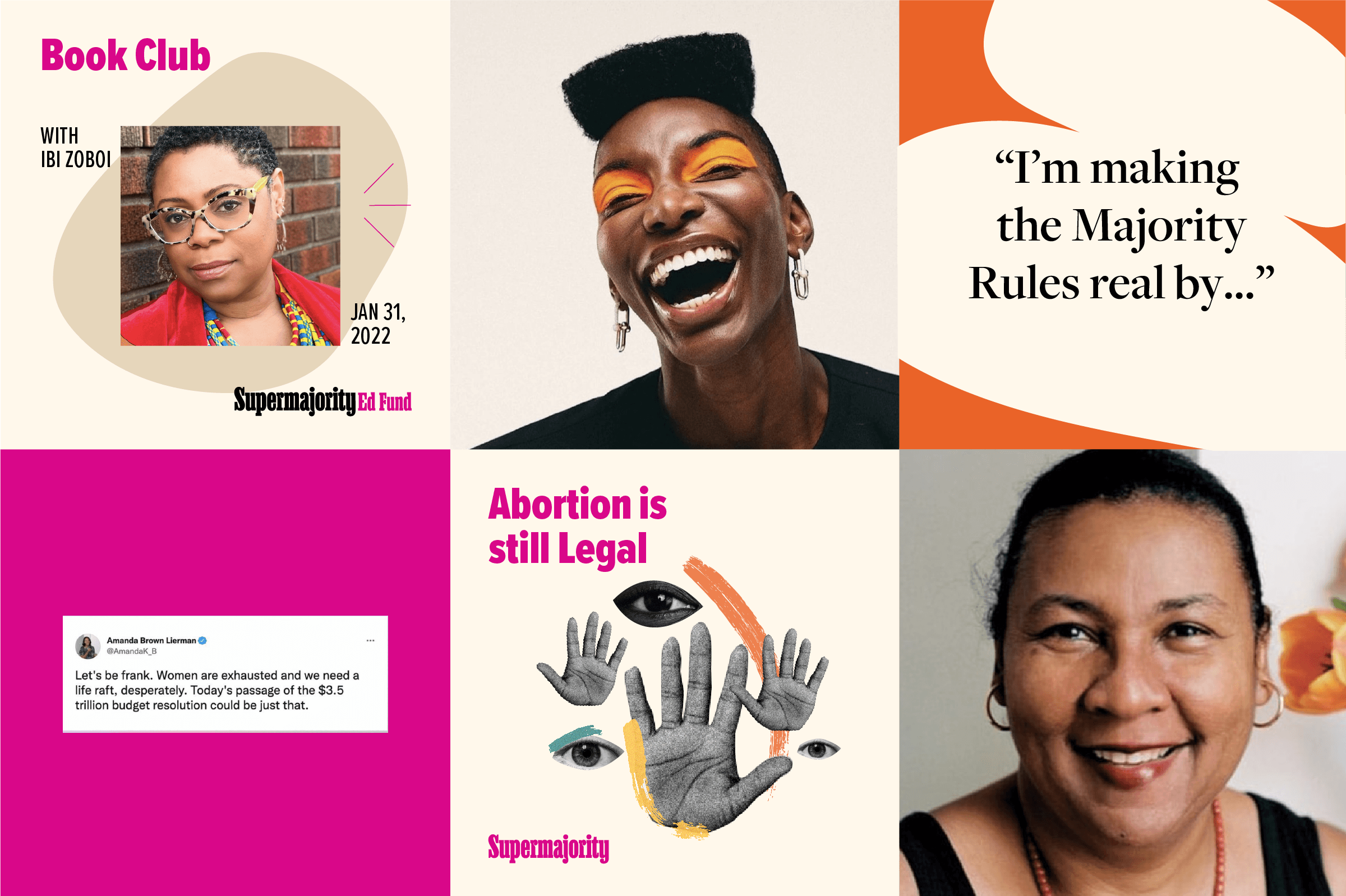A promotional collage with six panels. Top left: "Book Club with Ibi Zoboi, Jan 31, 2022". Top center: A person laughing. Top right: "I'm making the Majority Rules real by...". Bottom left: A tweet about abortion's legality. Bottom center: Hands raising a "BILL" sign. Bottom right: A smiling person.