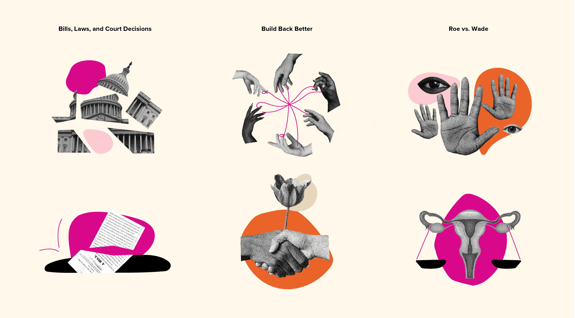 A collage-style image divided into three sections: "Bills, Laws, and Court Decisions" with government buildings, "Build Back Better" with hands sharing threads, and "Roe vs. Wade" with hands, eyes, and a uterus symbolizing women's rights and justice.