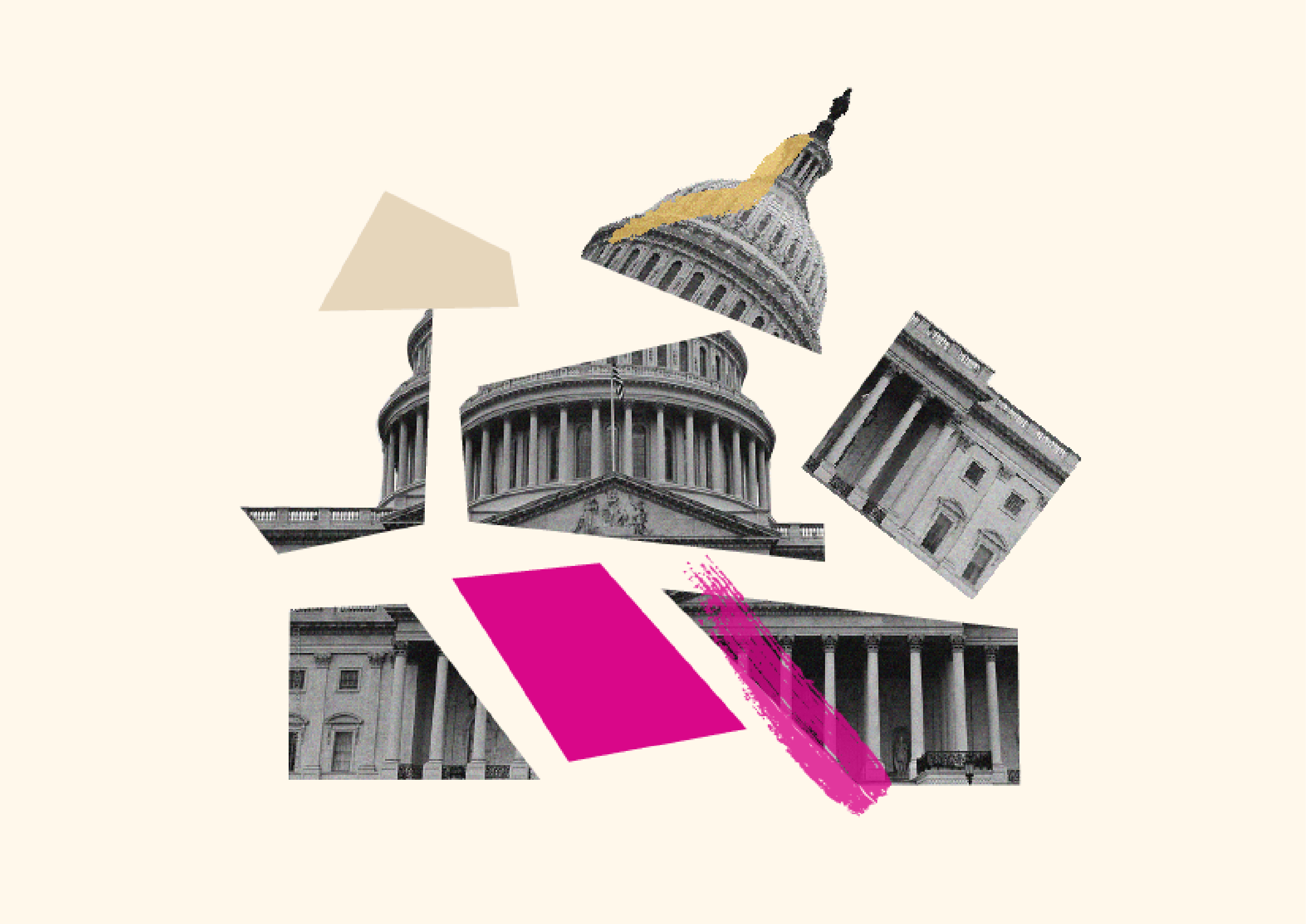 A visually fragmented collage features the U.S. Capitol building's architectural elements. Various geometric shapes in beige and hot pink intersect with photos of the dome, columns, and façade, creating an abstract and modern composition against a light background.