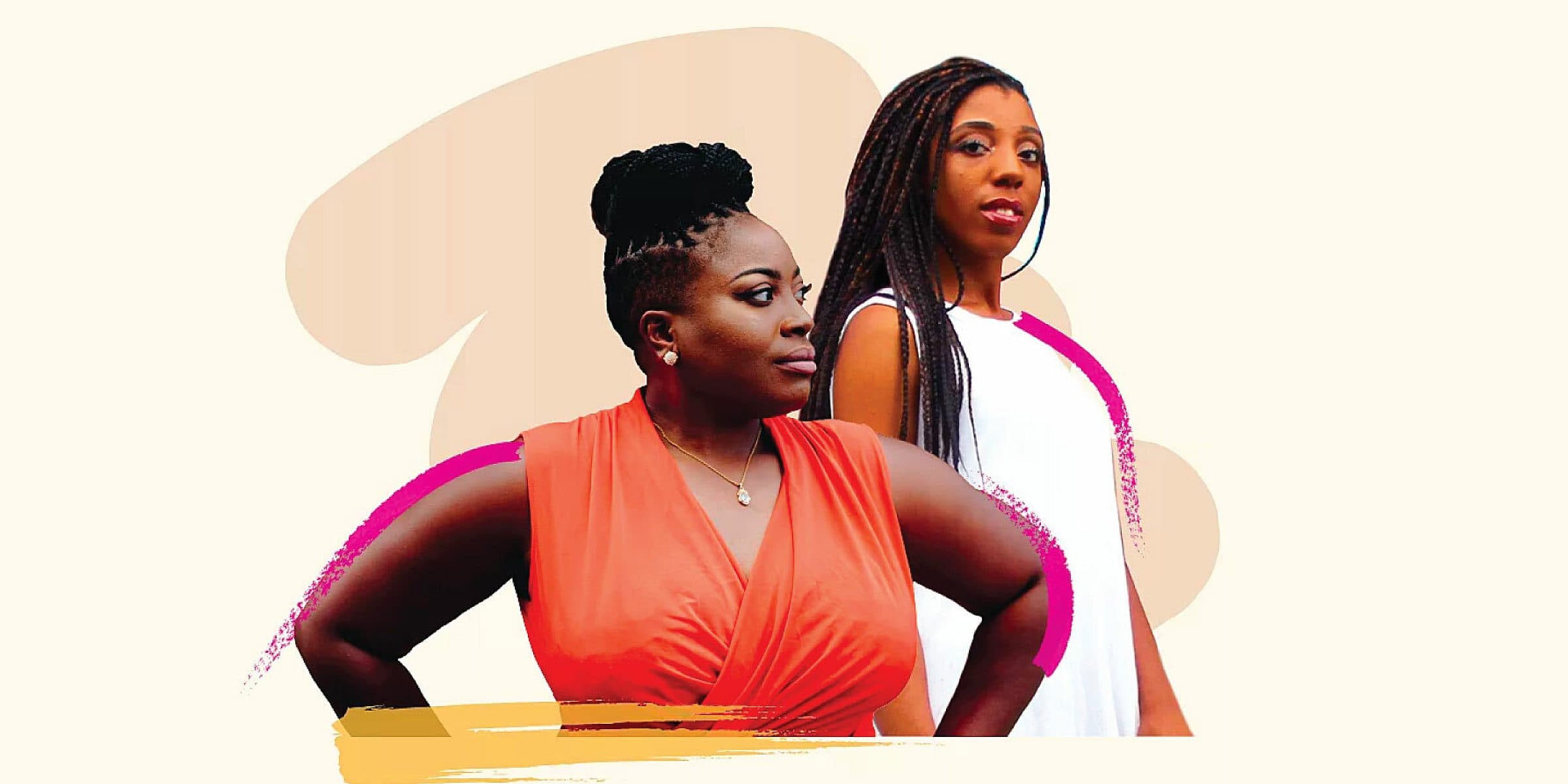 Two women pose confidently against a beige background with abstract shapes. The woman on the left wears an orange sleeveless dress with a necklace, while the woman on the right wears a white sleeveless dress. Both have long hairstyles, with one having braids.