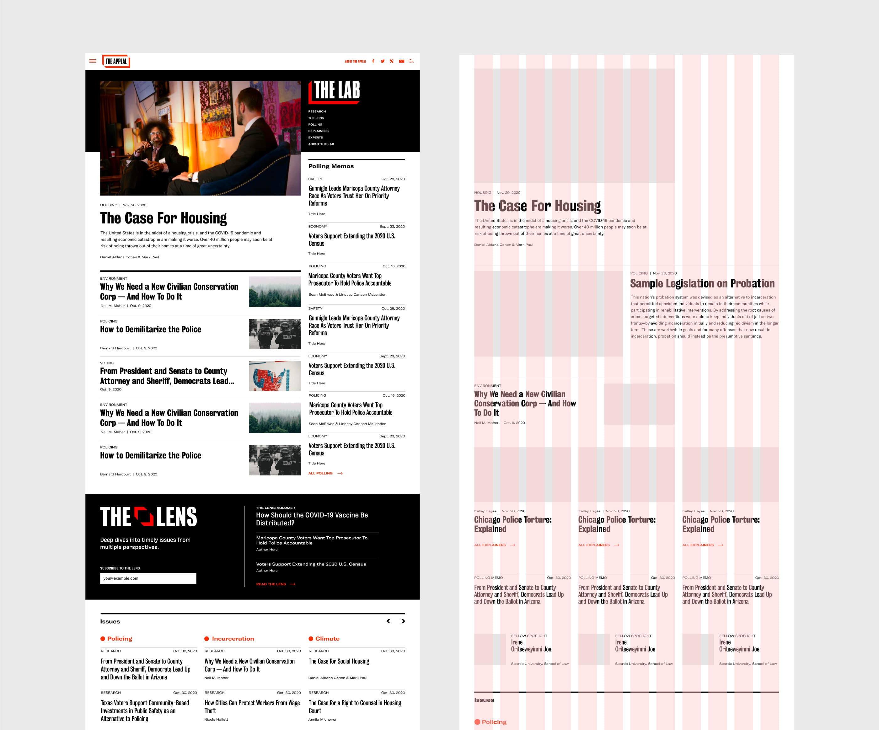A webpage layout featuring two sections. The left showcases articles under "The Case For Housing" with images and summaries. The right is a wireframe-like design outlining article placements without images or detailed content, labeled "Sample Legislation on Probation.