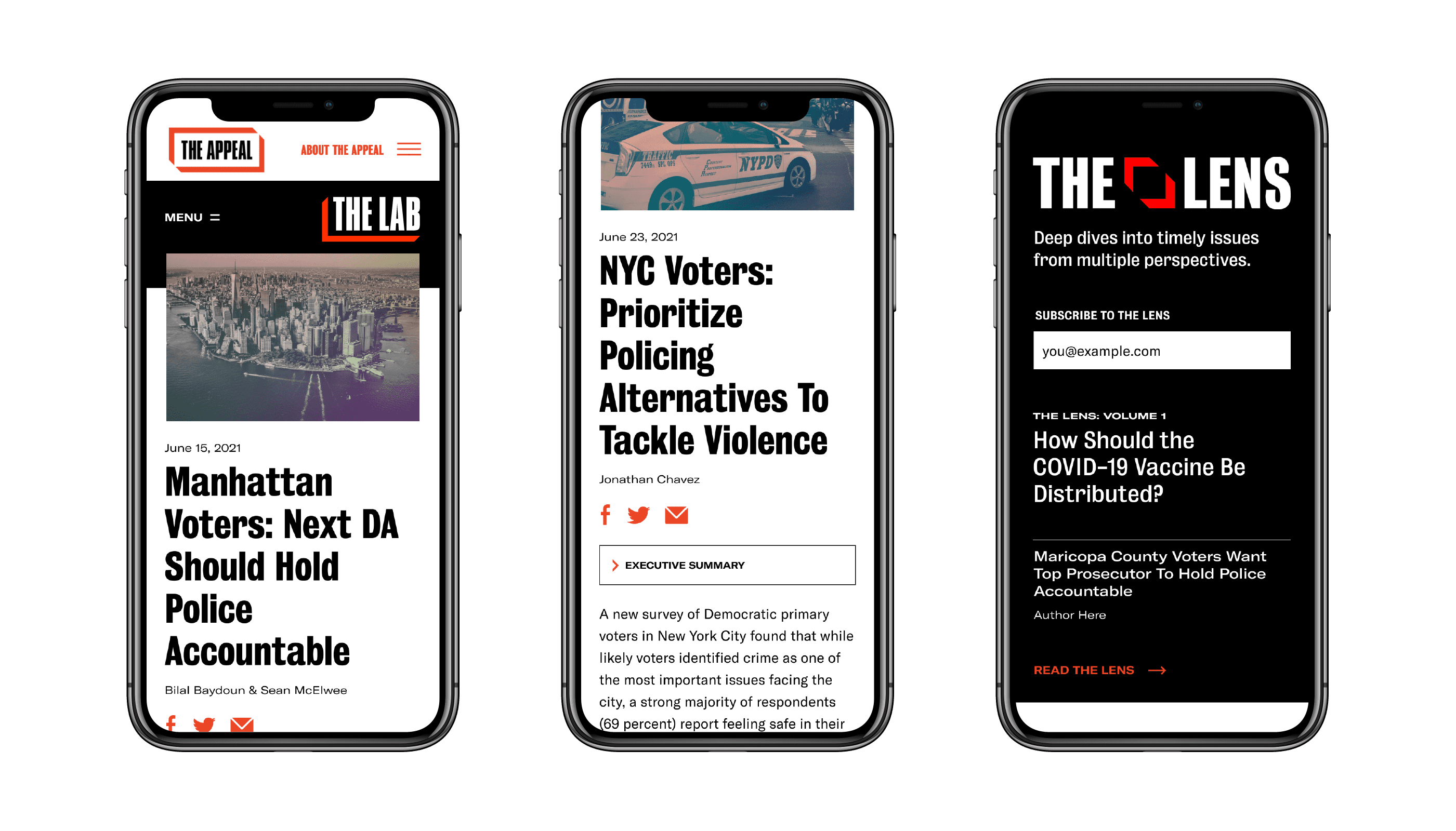 Three smartphones display news articles. The first phone shows an article about Manhattan voters wanting the new DA held accountable. The second phone displays an article about NYC voters prioritizing police alternatives to tackle violence. The third phone features an article questioning how the COVID-19 vaccine should be distributed.