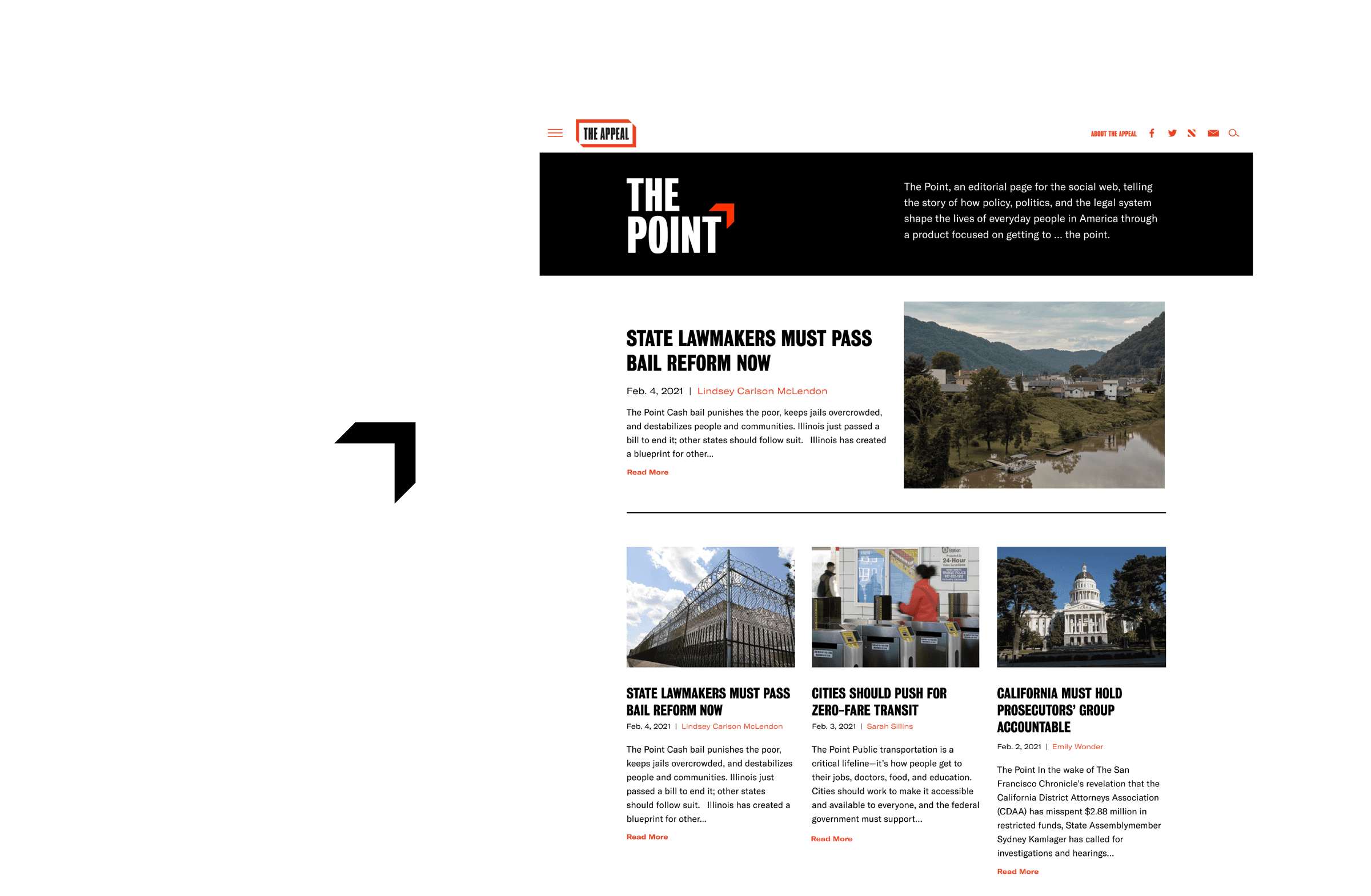 A webpage from "The Appeal" titled "The Point." It features articles on state bail reform, city-sized plot crimes, and California's appeals for progressive prosecutor groups. Images and headlines for each story are presented with snippets of text below them.