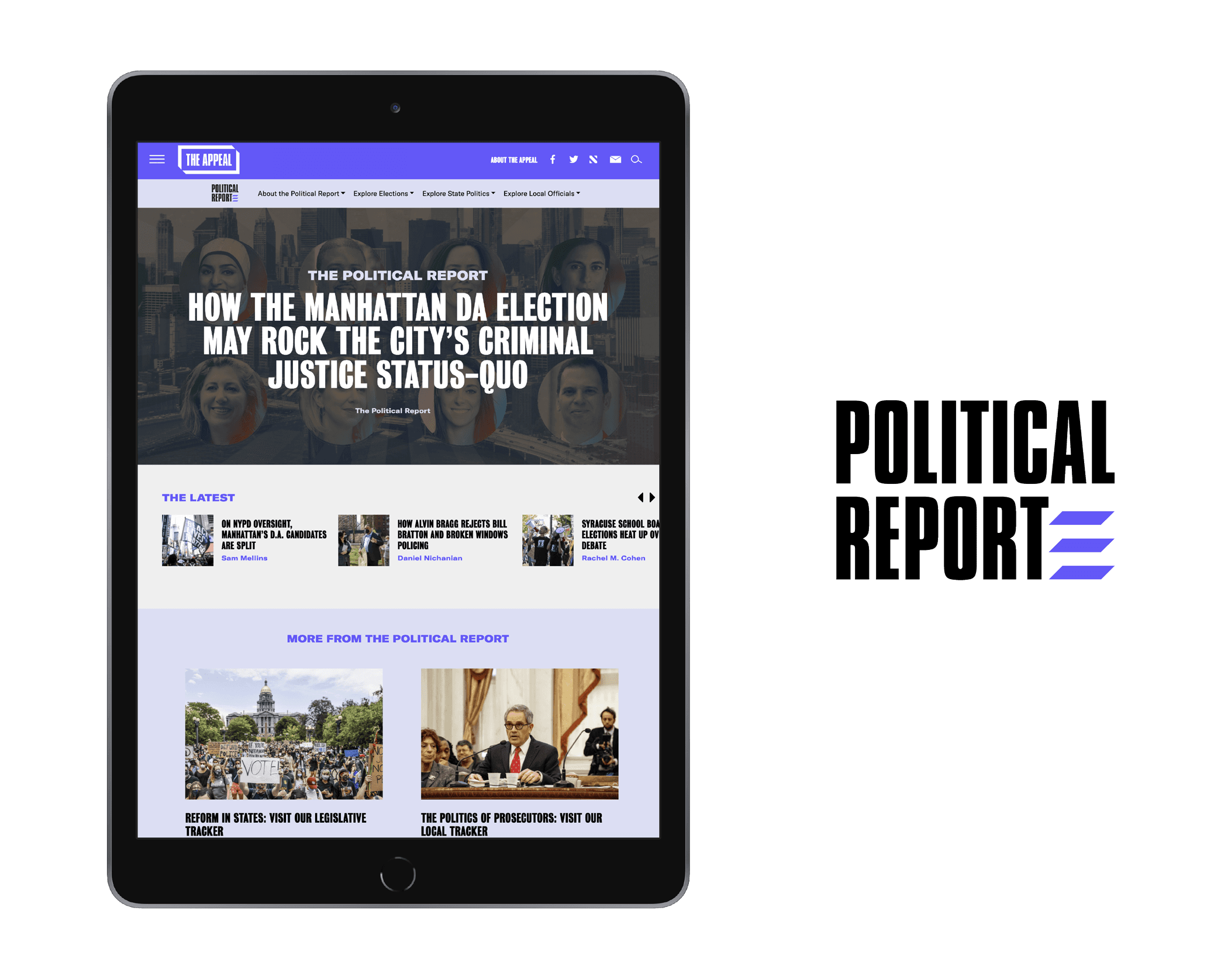 A tablet displaying a news website with a headline about the Manhattan DA election's impact on the city's criminal justice status-quo. The logo "Political Report" is to the right in bold and underlined text. Various news articles are listed below the main headline.