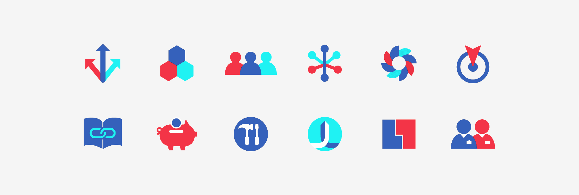 A row of 12 colorful icons on a white background. Icons include arrows pointing in different directions, a hexagonal structure, people, connected nodes, a dart hitting a target, a book with a link, a piggy bank, tools, a sailboat, interlocking shapes, and two people.