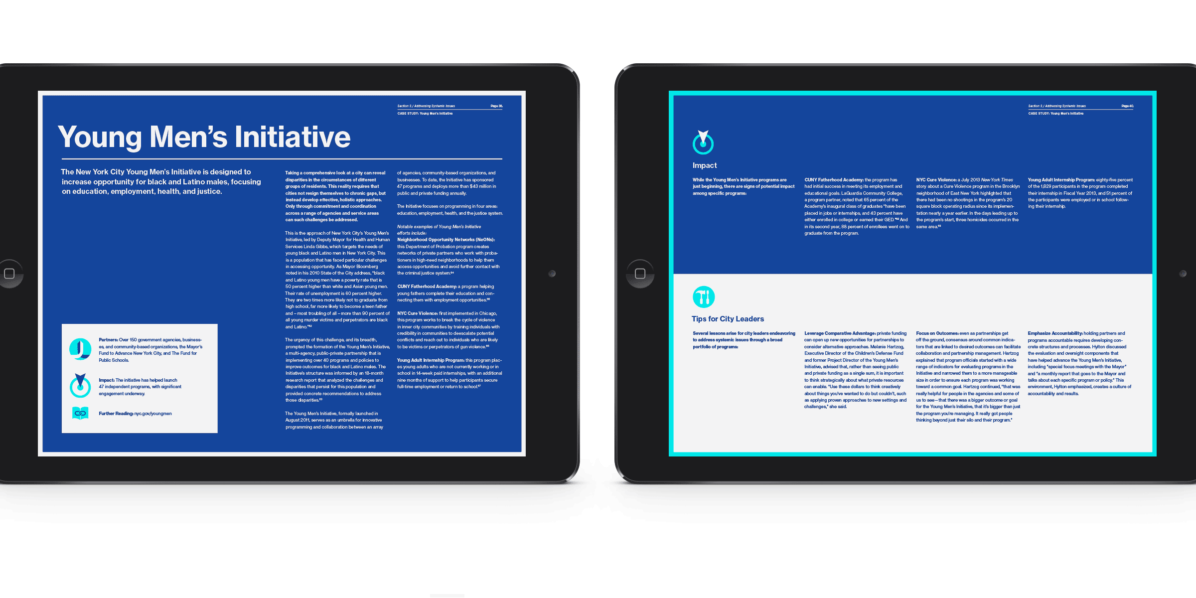 Two tablet screens display a text-heavy document titled "Young Men's Initiative." The left screen shows an introduction and objectives, while the right screen covers impact and offers tips for city leaders. Both screens have a blue background with white text and icons.