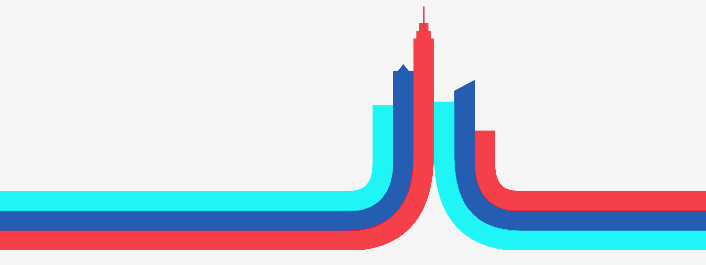 Stylized abstract illustration featuring two overlapping outlines of hand or arm shapes, mainly in red and blue colors against a light grey background. The shapes have rounded edges and curve in opposite directions, creating a symmetrical, mirrored effect.