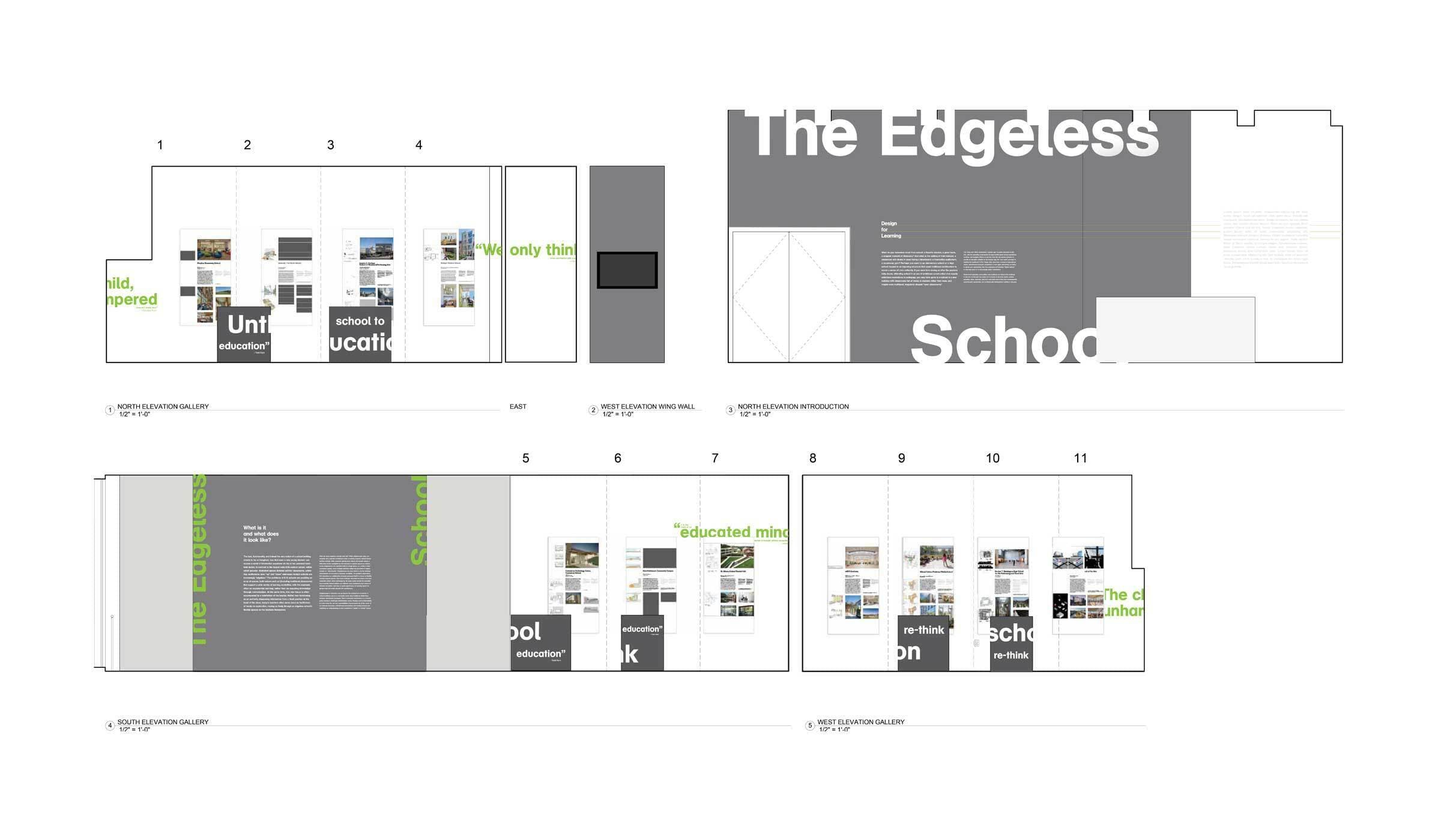 A detailed architectural plan showcasing various layouts, sections, and designs with text "The Edgeless School" prominently displayed. The design includes images, notes, and different shades of gray to distinguish various sections.