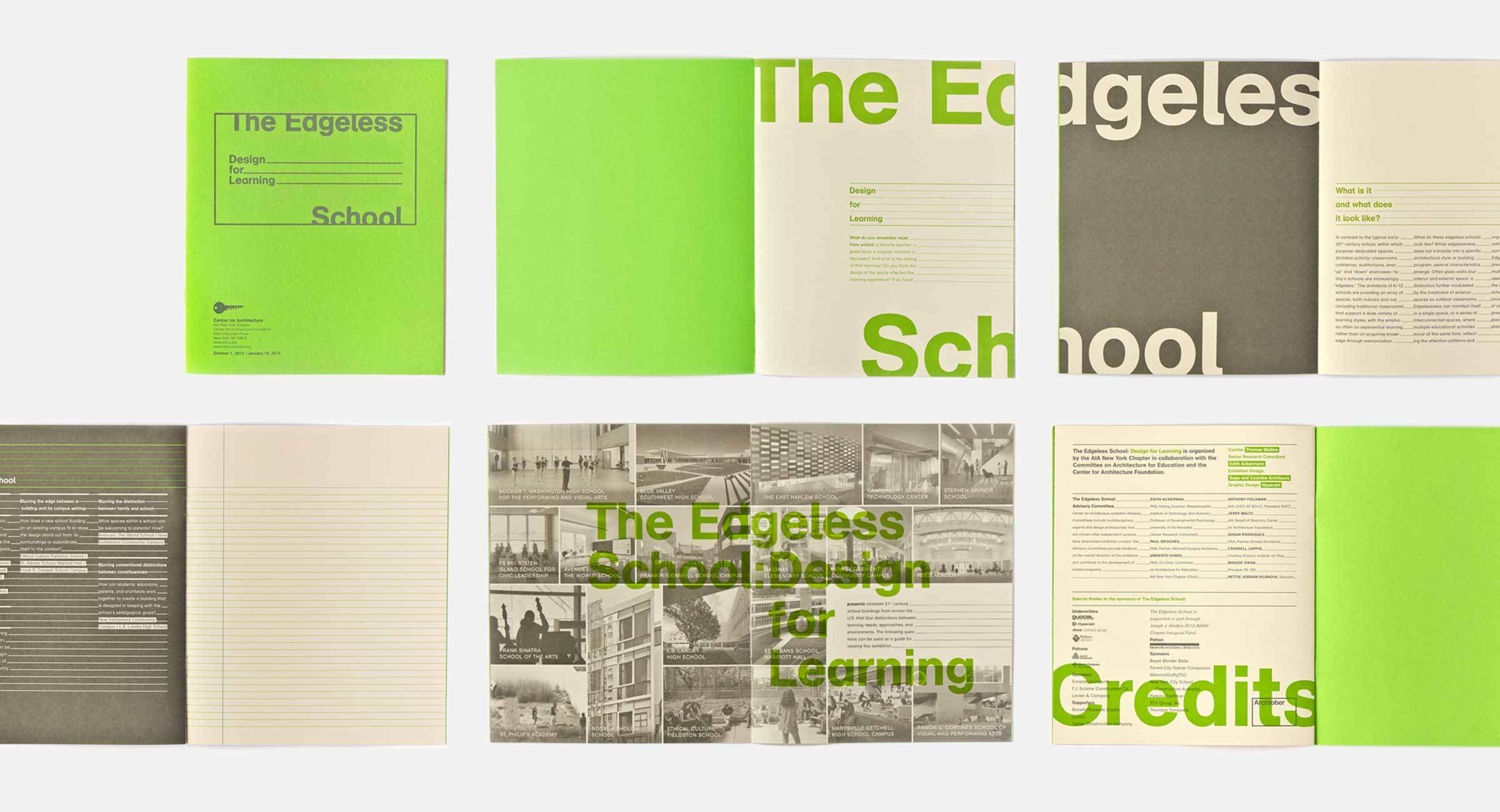 Image of a bright green and gray book titled "The Edgeless School: Design for Learning." The cover features a modern layout with a mix of bold text and lined pages. Inside, there are sections with large text, images of architectural designs, and credit pages.