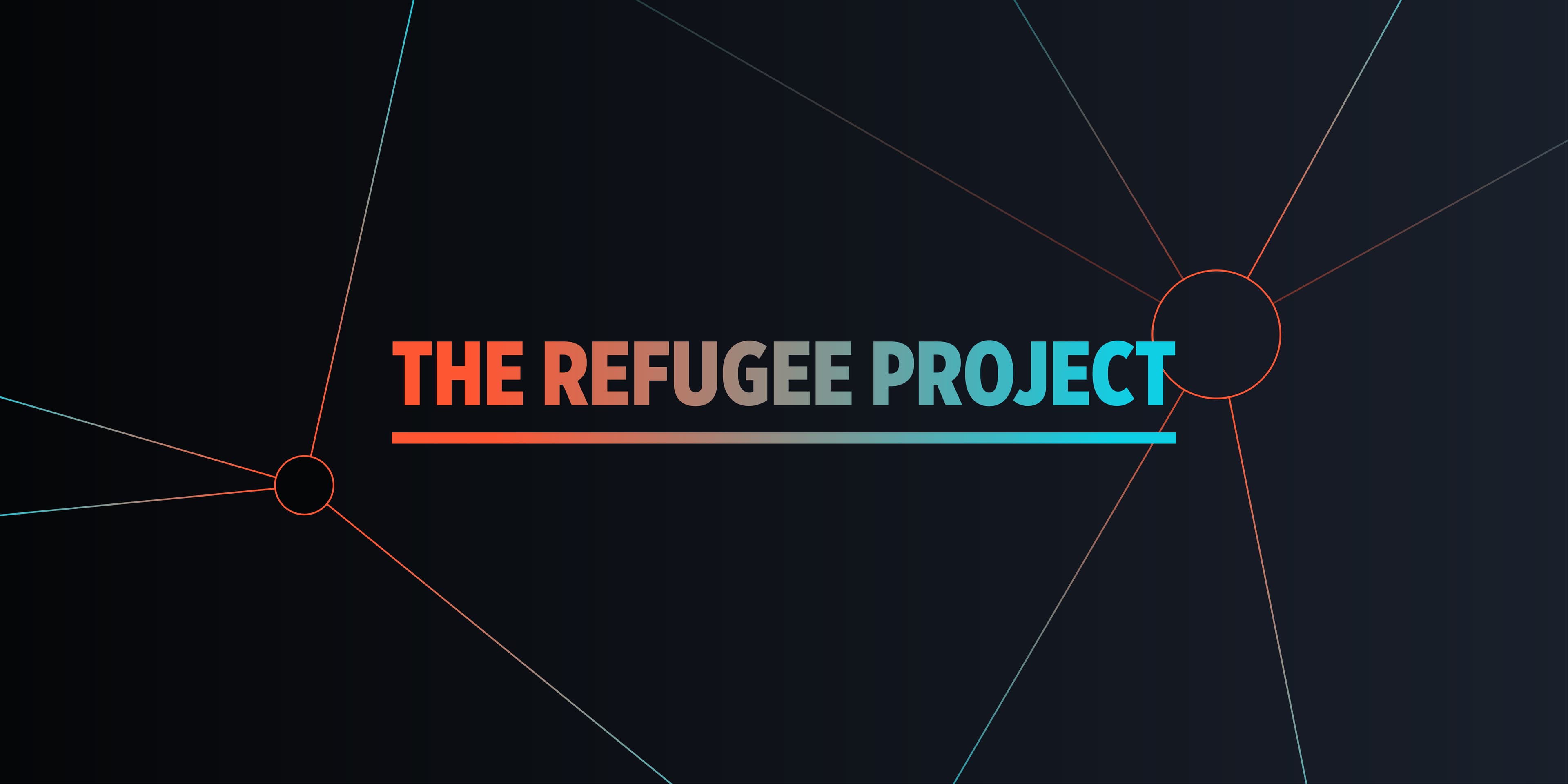 Dark background with thin lines connecting circles. The text "THE REFUGEE PROJECT" is centered and gradient-colored from orange to blue underneath a horizontal line of the same gradient.