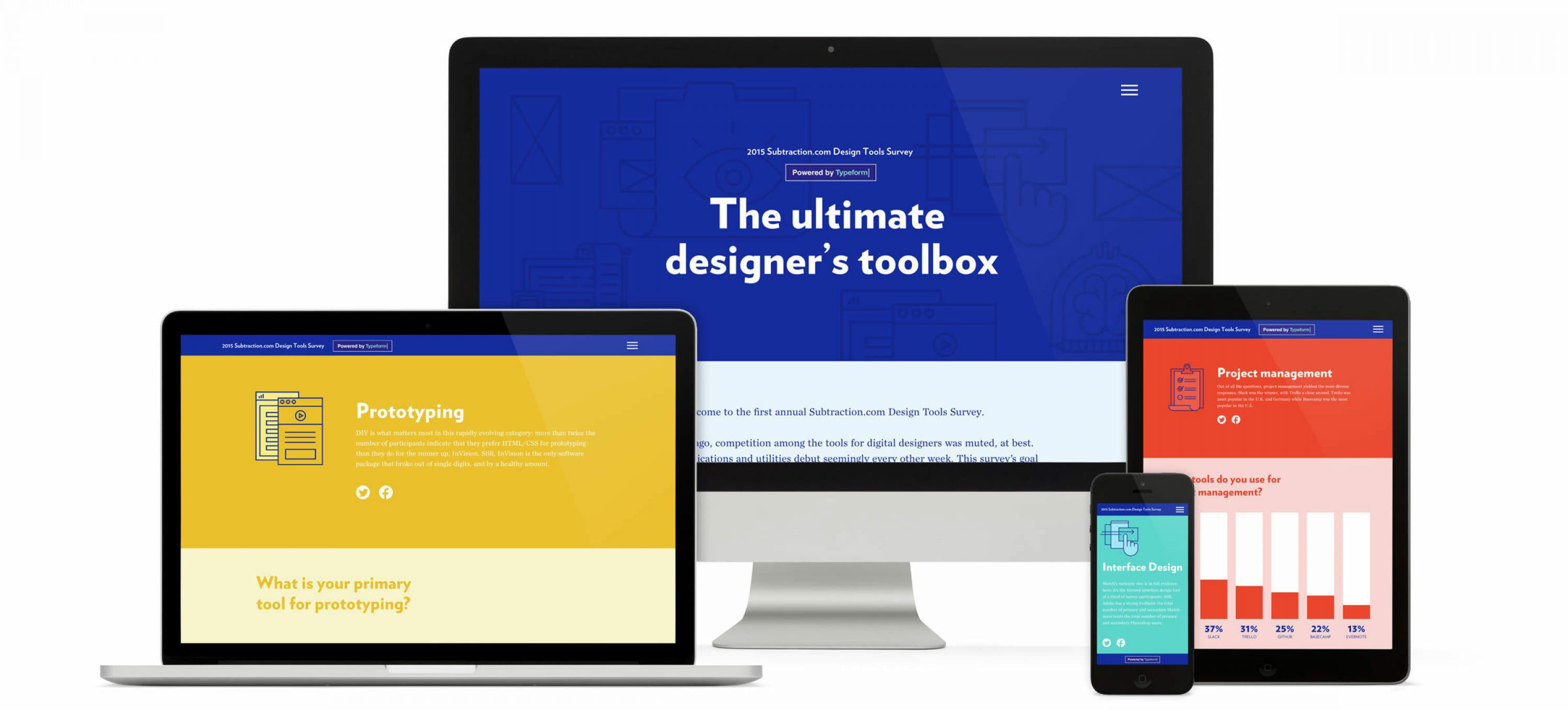 A desktop computer, laptop, tablet, and smartphone display various pages of a design tool survey website. The desktop screen reads "The ultimate designer's toolbox," while the other devices show additional sections about prototyping and project management.