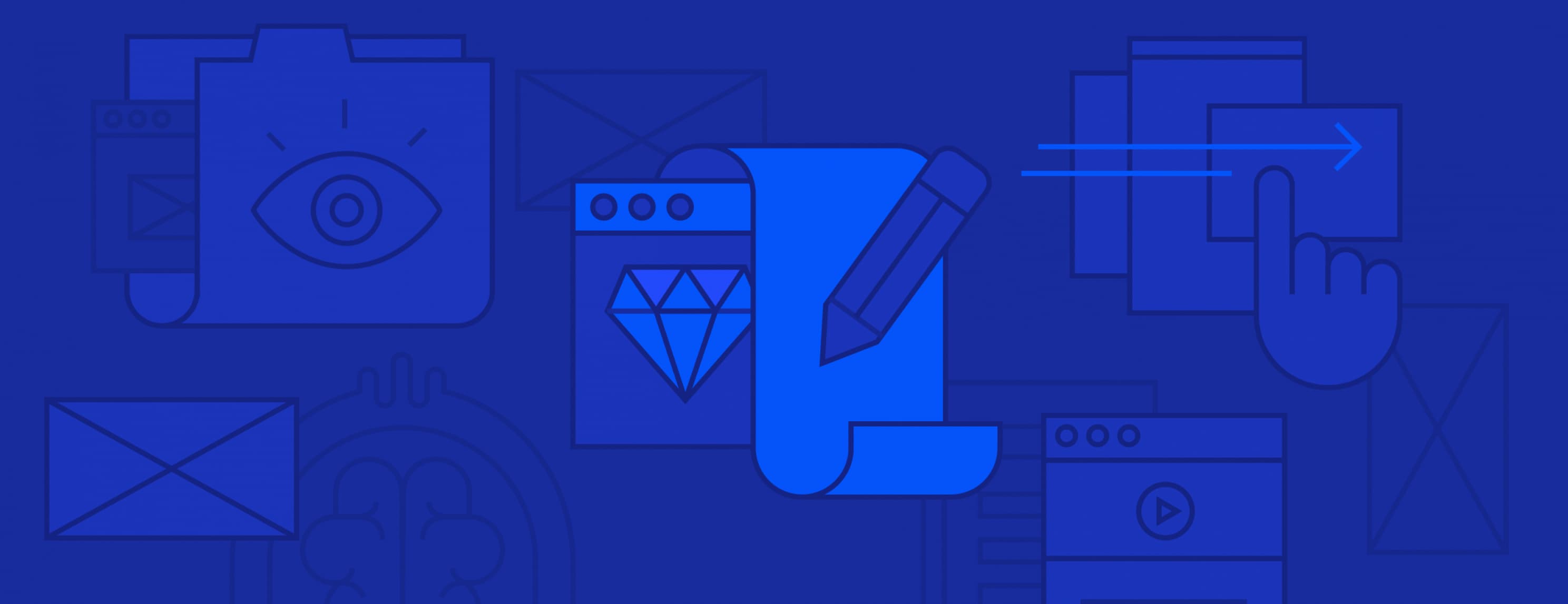 Blue illustration with various icons including a camera with an eye, a diamond on paper, a hand clicking a button, an envelope, a brain, a scroll with a pencil, and a window with a play button. The icons are all outlined and set against a blue background.
