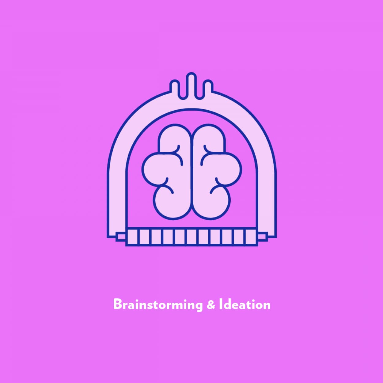 Illustration of a brain inside a dome-shaped structure, symbolizing brainstorming and ideation. The background is solid pink, and the text "Brainstorming & Ideation" is written below the illustration in white.