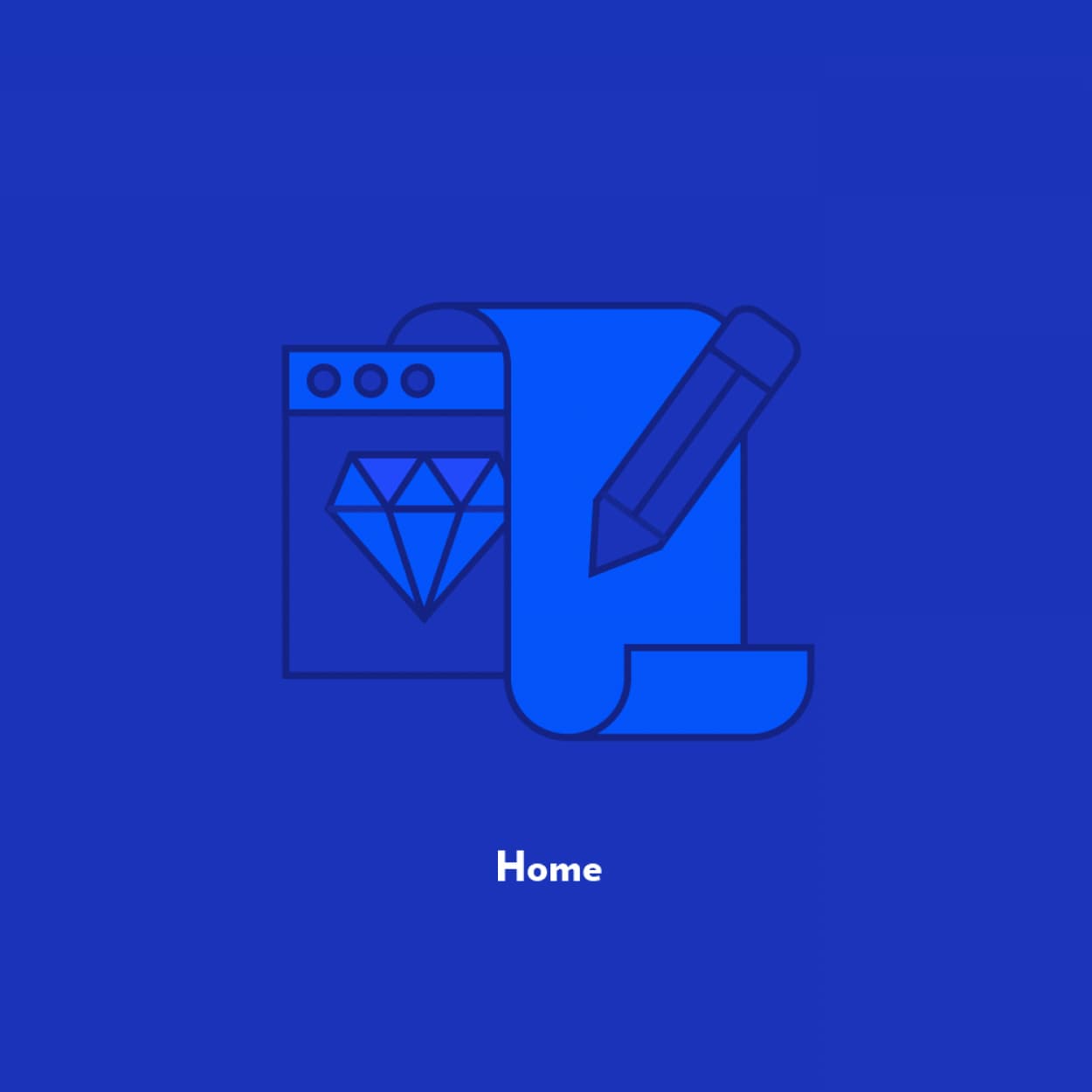 A blue background features an icon of a web browser with a diamond symbol, a rolled-up document, and a pencil. The word "Home" is written below the icon in white text.