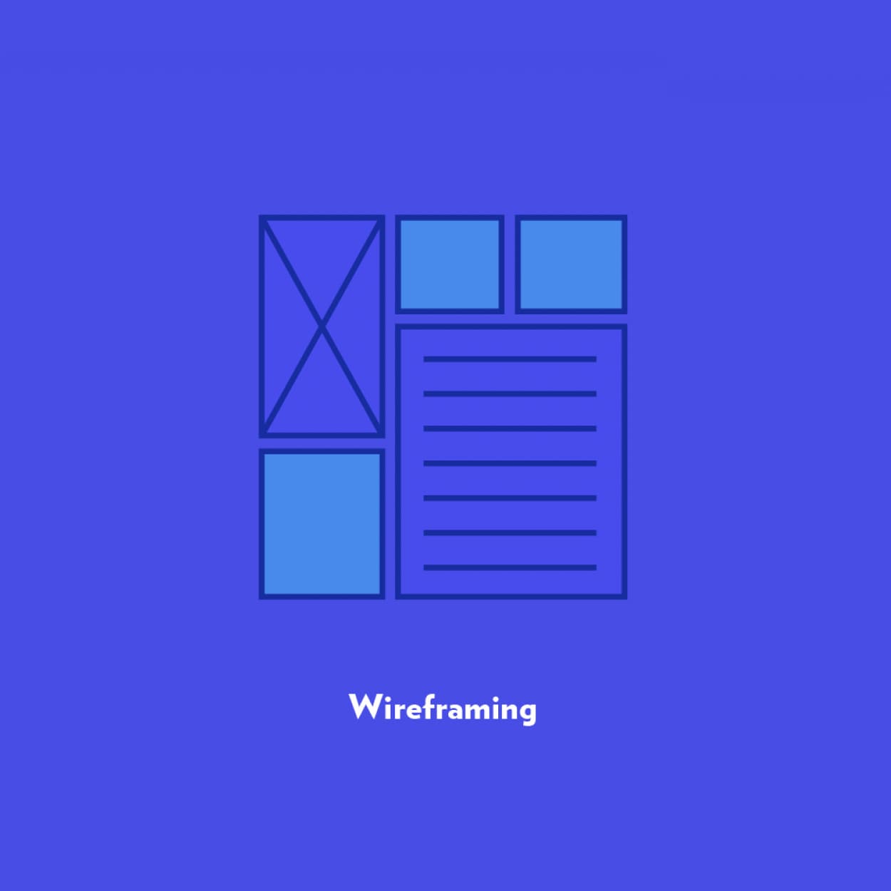 A minimalist illustration on a blue background labeled "Wireframing." It features a simple wireframe layout with rectangles and squares representing various design elements.