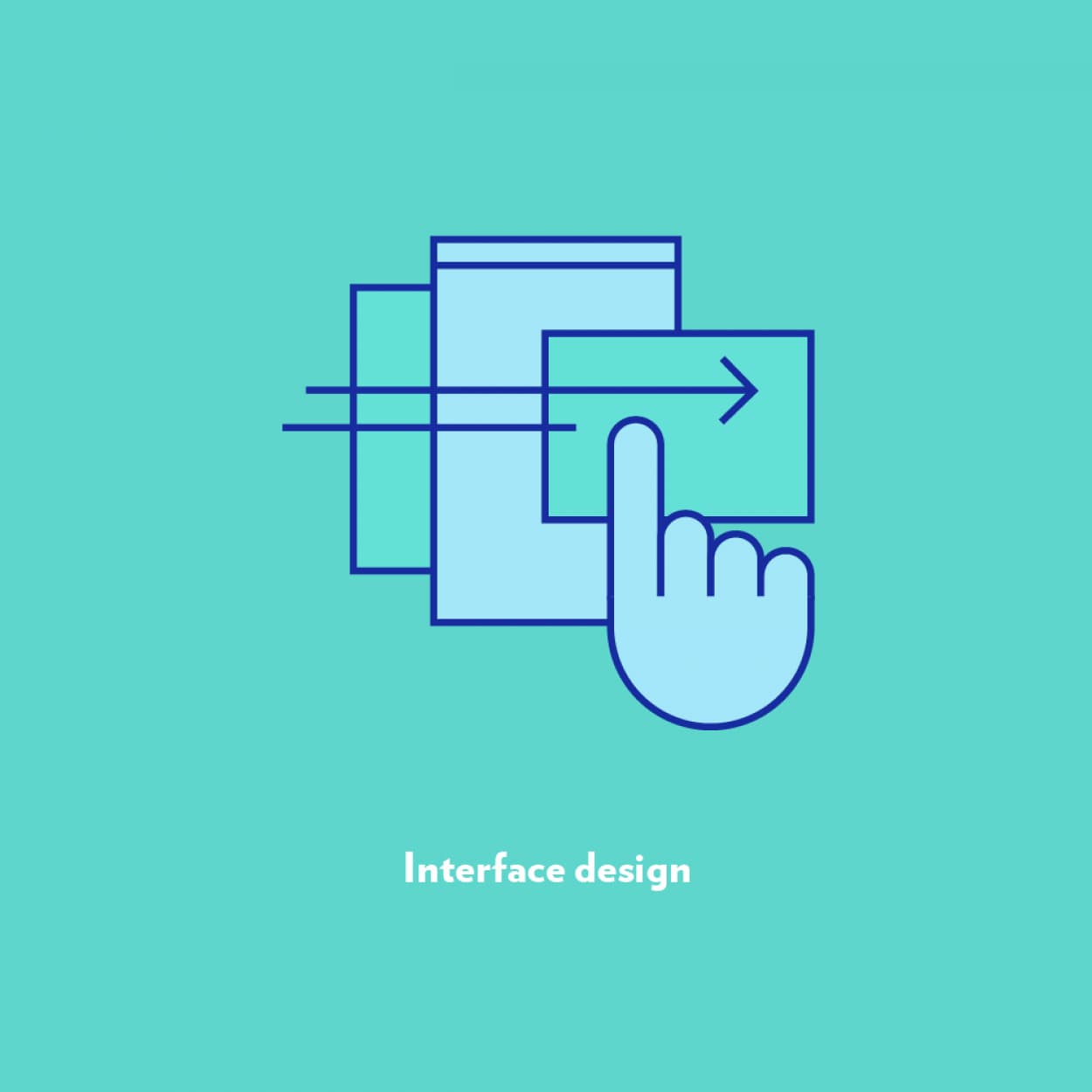 A turquoise background with a minimalist line art illustration showing a hand touching a screen, overlaid with layers of screens or interfaces, indicating interaction and design. The text "Interface design" appears below the illustration.