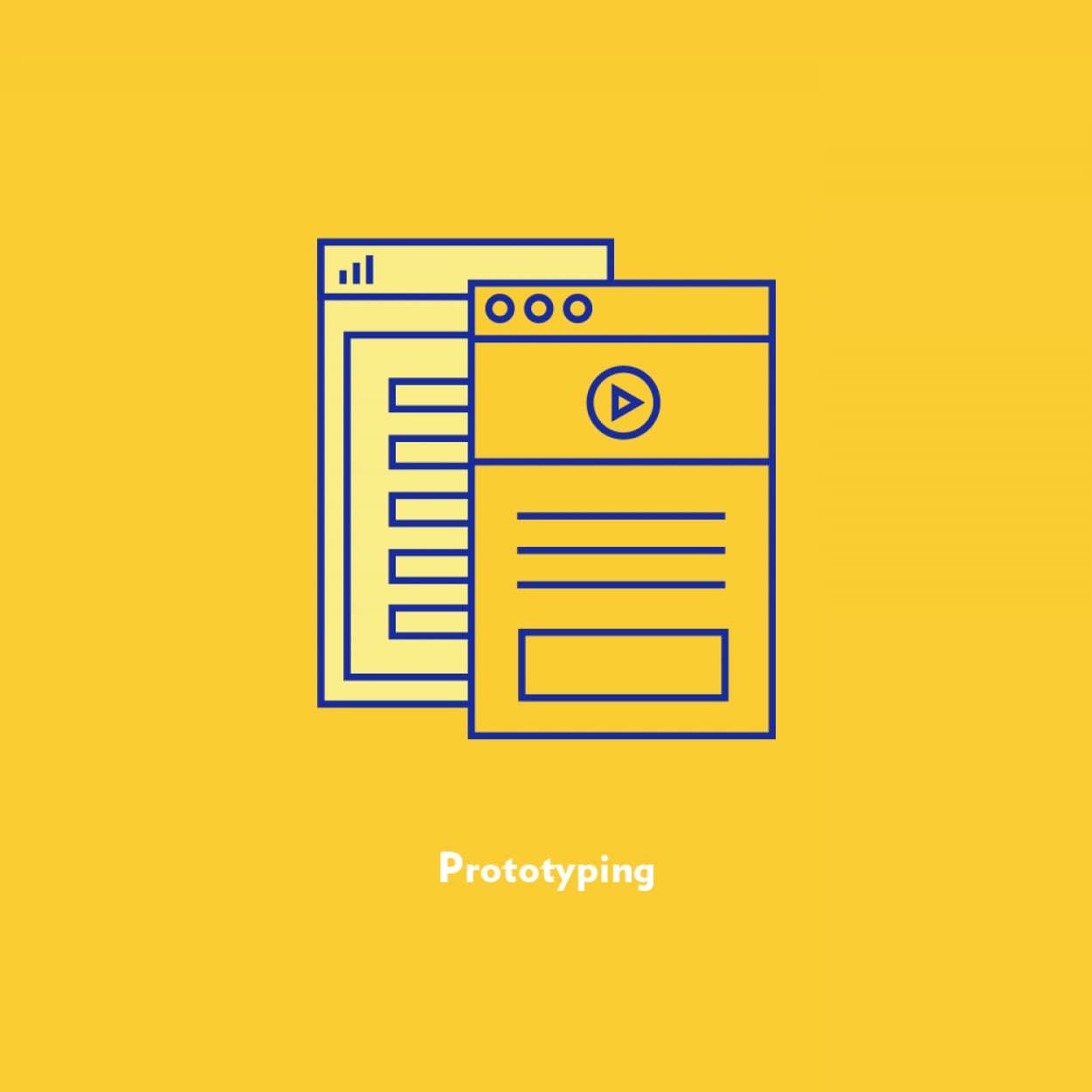 Illustration of two overlapping webpage designs, one showing text lines and the other with a play button icon, against a yellow background. The word "Prototyping" is centered beneath the images, indicating the concept of creating preliminary models of web pages.