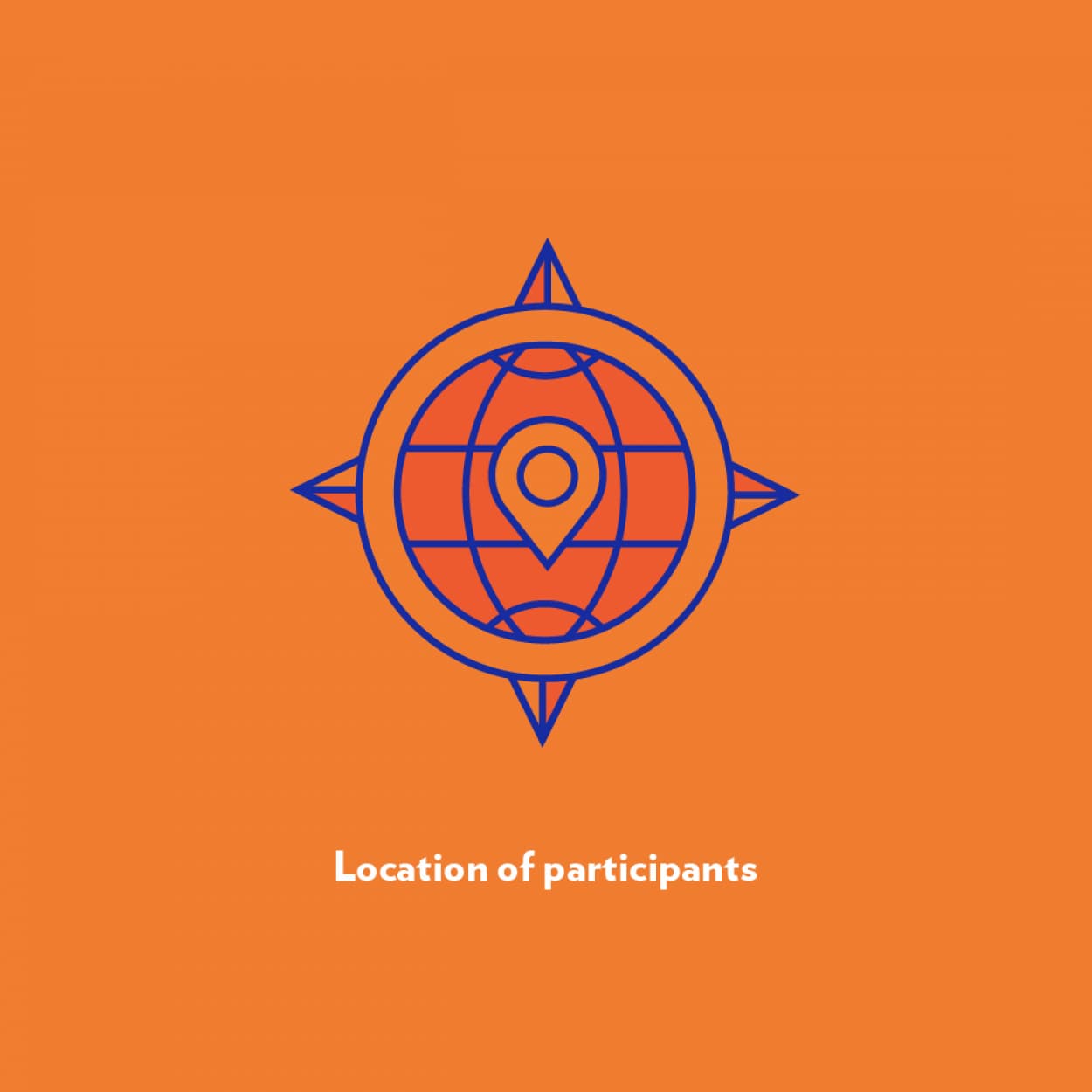 Illustration on an orange background depicting a blue and white compass with a central map pin, symbolizing the location of participants. White text below reads "Location of participants.