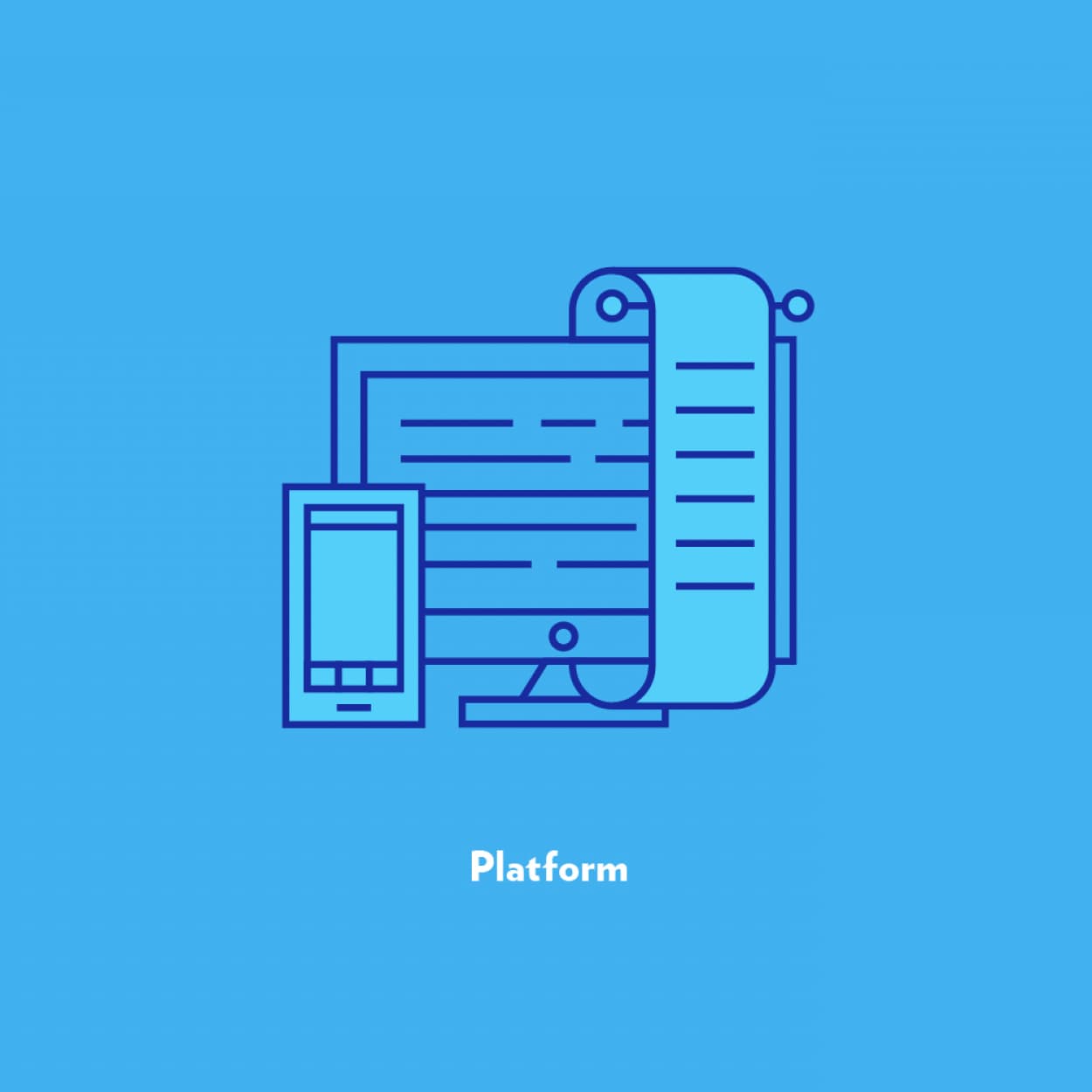 A minimalist blue illustration features three overlapping elements: a desktop monitor with text, a smartphone, and a long paper scroll with text. The word "Platform" is written below the illustration. The background is solid blue.