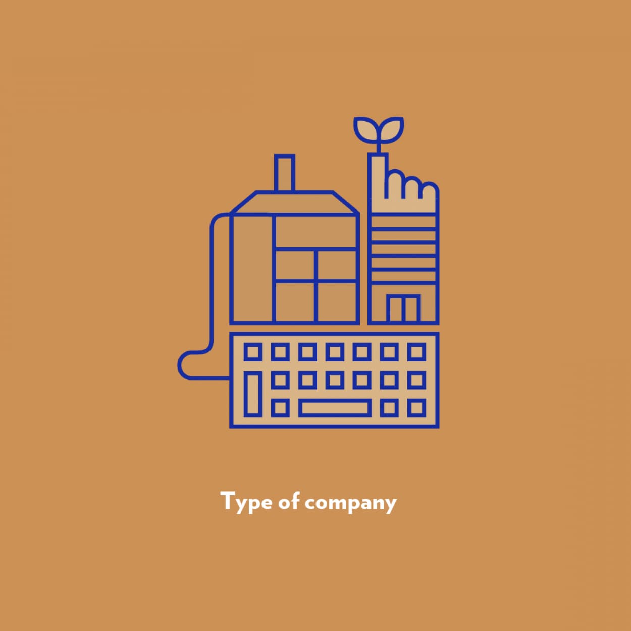 Illustration of a building combined with a keyboard and a hand pointing upward with a plant sprout from the finger. The image is outlined in blue on an orange background with the text "Type of company" below.