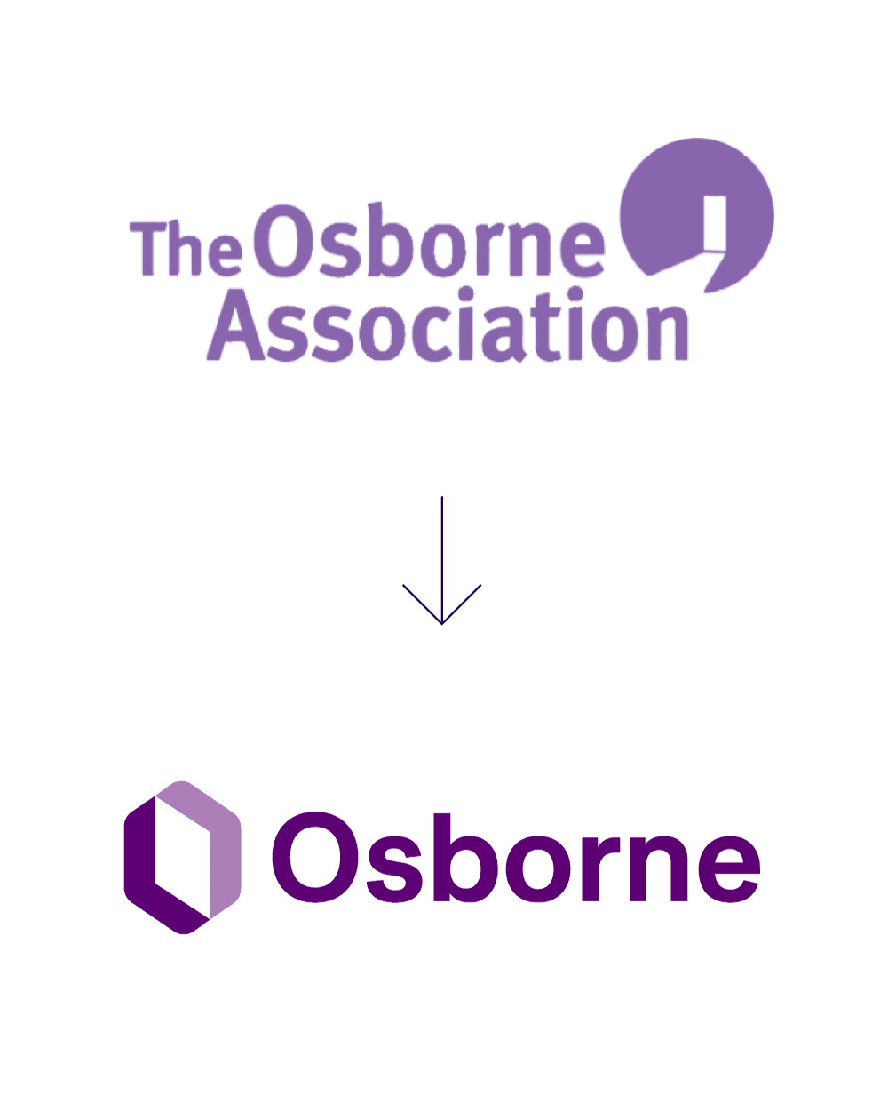 The image shows a logo redesign for the Osborne Association. The old logo is above with text and a circular icon; below is a new modern logo with a hexagon icon and bold "Osborne" text. An arrow points from old to new.