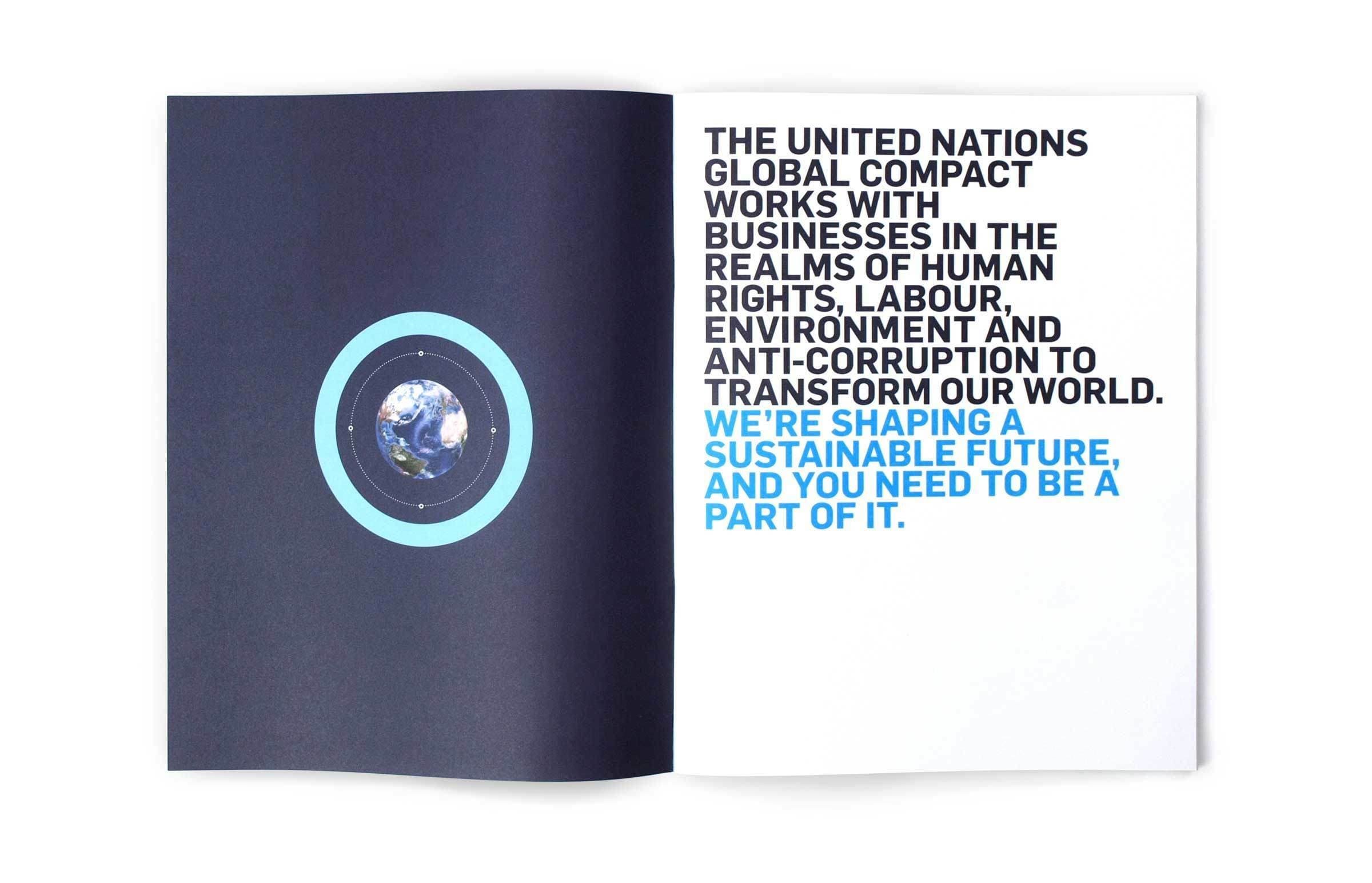 Open booklet with a black left page featuring an image of Earth inside a blue circle. The white right page has bold black and blue text reading: "The United Nations Global Compact works with businesses in the realms of human rights, labour, environment and anti-corruption to transform our world. We're shaping a sustainable future, and you need to be a part of it.