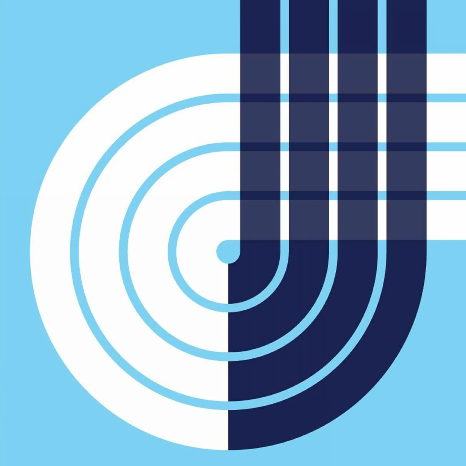An abstract design featuring a semi-circle composed of concentric circles in alternating light and dark blue. Three vertical lines intersect the circles, creating a contrast between light blue, dark blue, and white segments within the design.