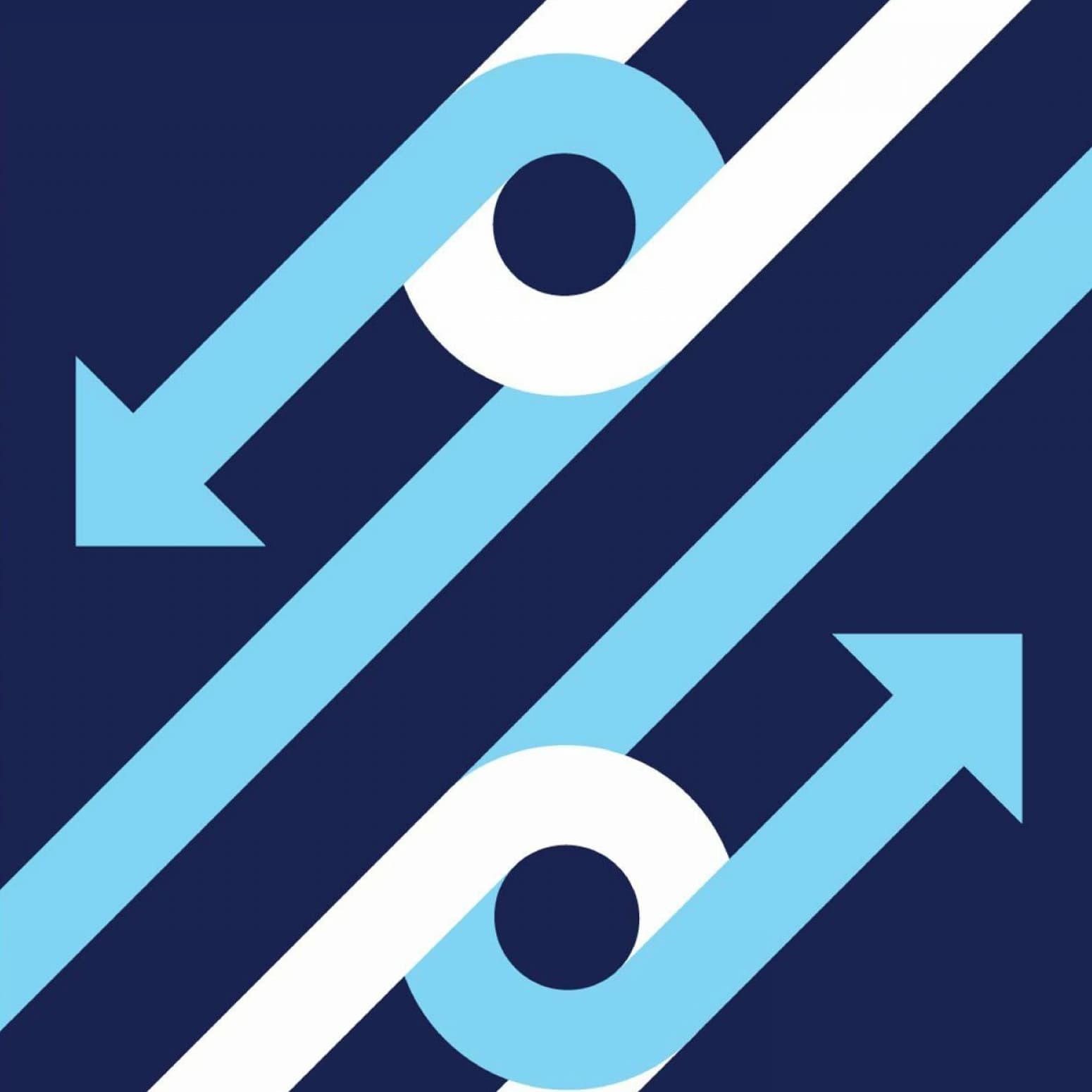 Abstract geometric design featuring parallel blue and white lines against a dark blue background. Two arrows, one pointing left and one pointing right, intersect the lines, creating a continuous loop-like shape in the center of the image.