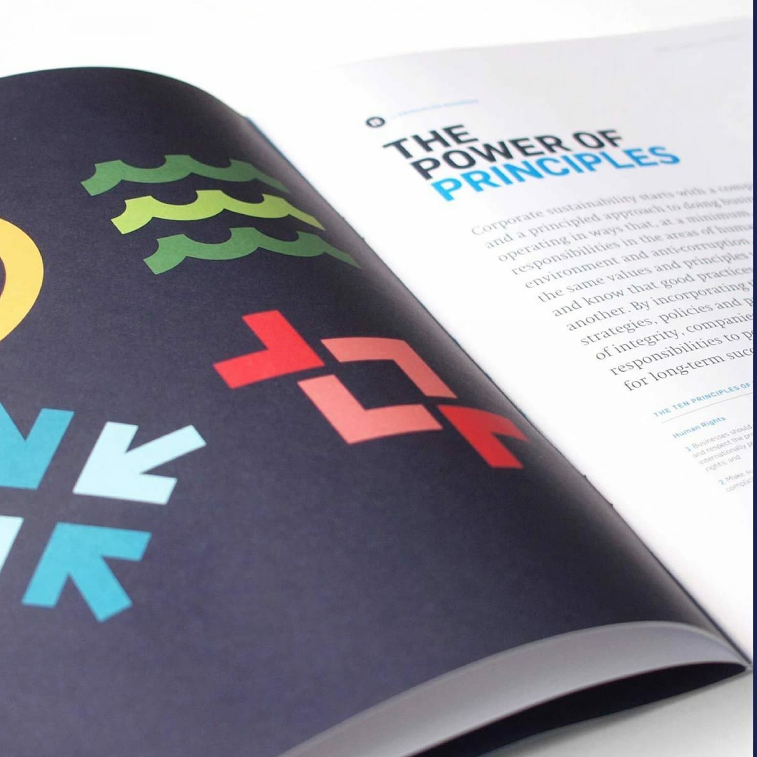 A magazine or brochure is open to a page titled "The Power of Principles." The left page shows colorful geometric shapes on a dark background, including red arrows, a yellow semi-circle, green wavy lines, and teal arrows.