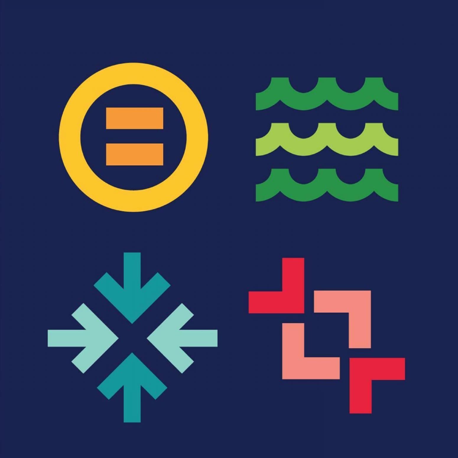 A dark blue background features four distinct graphic symbols: a yellow circle with two horizontal orange bars, three wavy green lines stacked, four arrows meeting at a point in turquoise, and four interlocking right-angled shapes in red and pink.