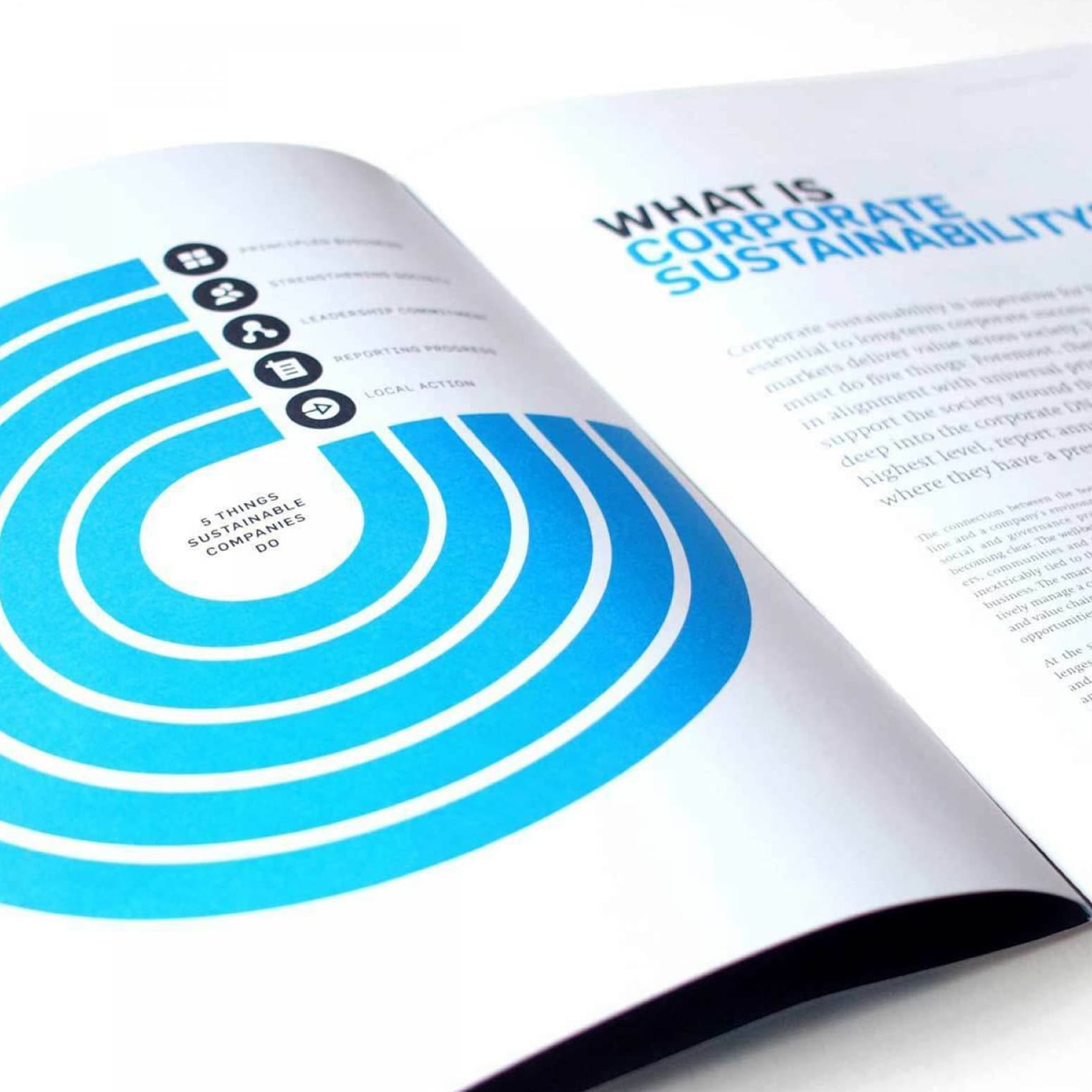 An open magazine showing a two-page spread. The left page features a blue spiral infographic labeled "5 Things Sustainable Companies Do" with icons for sustainability practices. The right page has the title "What is Corporate Sustainability?" in blue text with an article.