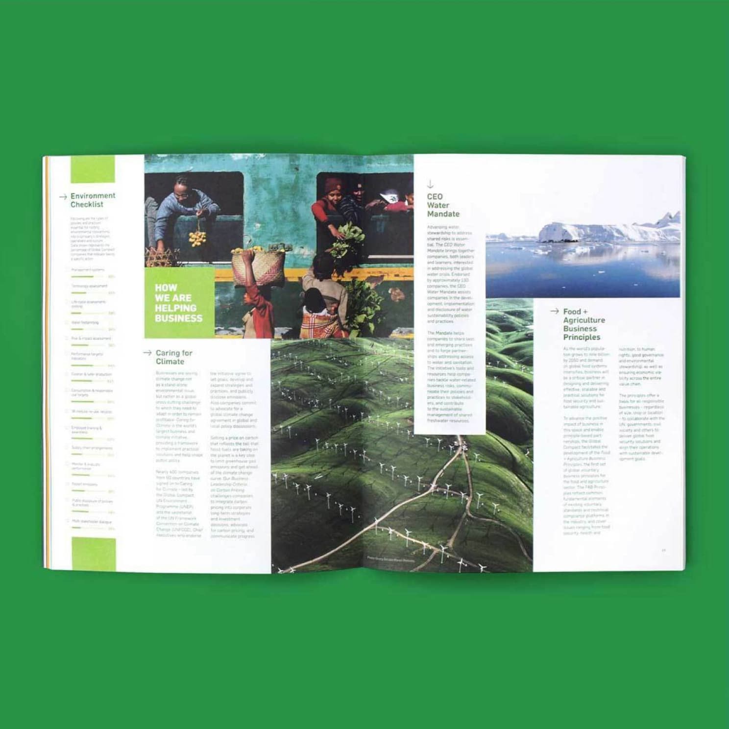An open magazine on a green background. The left page features sections titled "Environment Checklist" and "Caring for Climate," with images of people and text columns. The right page has a section titled "CEO Mandate" with images of nature and wind turbines on a hillside.