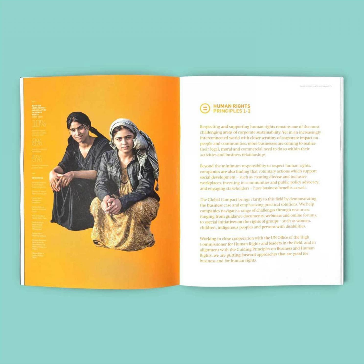 Open magazine on a light blue background. The left page shows an image of two women dressed in traditional clothing, sitting and looking at the camera. The right page contains text under the heading "Human Rights Principles 1-2," with highlighted yellow sections.