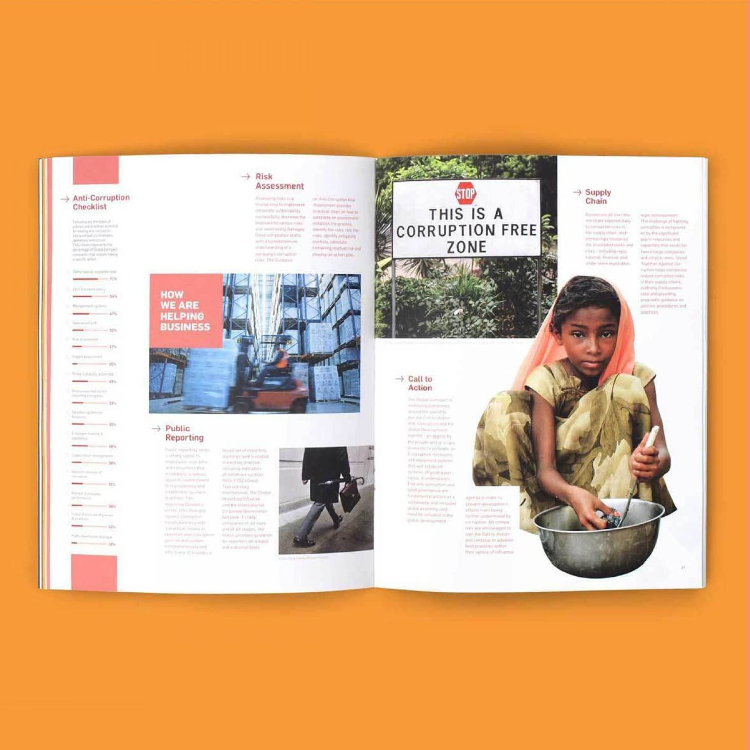 An open magazine on an orange background displays a variety of content, including a checklist, articles on risk assessment, supply chain, and public reporting. The right page features an image of a young child in a gold dress holding a metal bowl while seated.