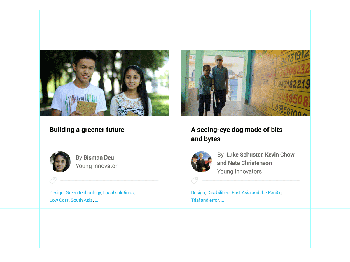 Two side-by-side cards featuring projects by young innovators. Left card: A young man and woman smiling, titled "Building a greener future" by Bisman Deu. Right card: Two young boys walking with a teacher, titled "A seeing-eye dog made of bits and bytes" by Luke Schuster, Kevin Chow, and Nate Christenson.