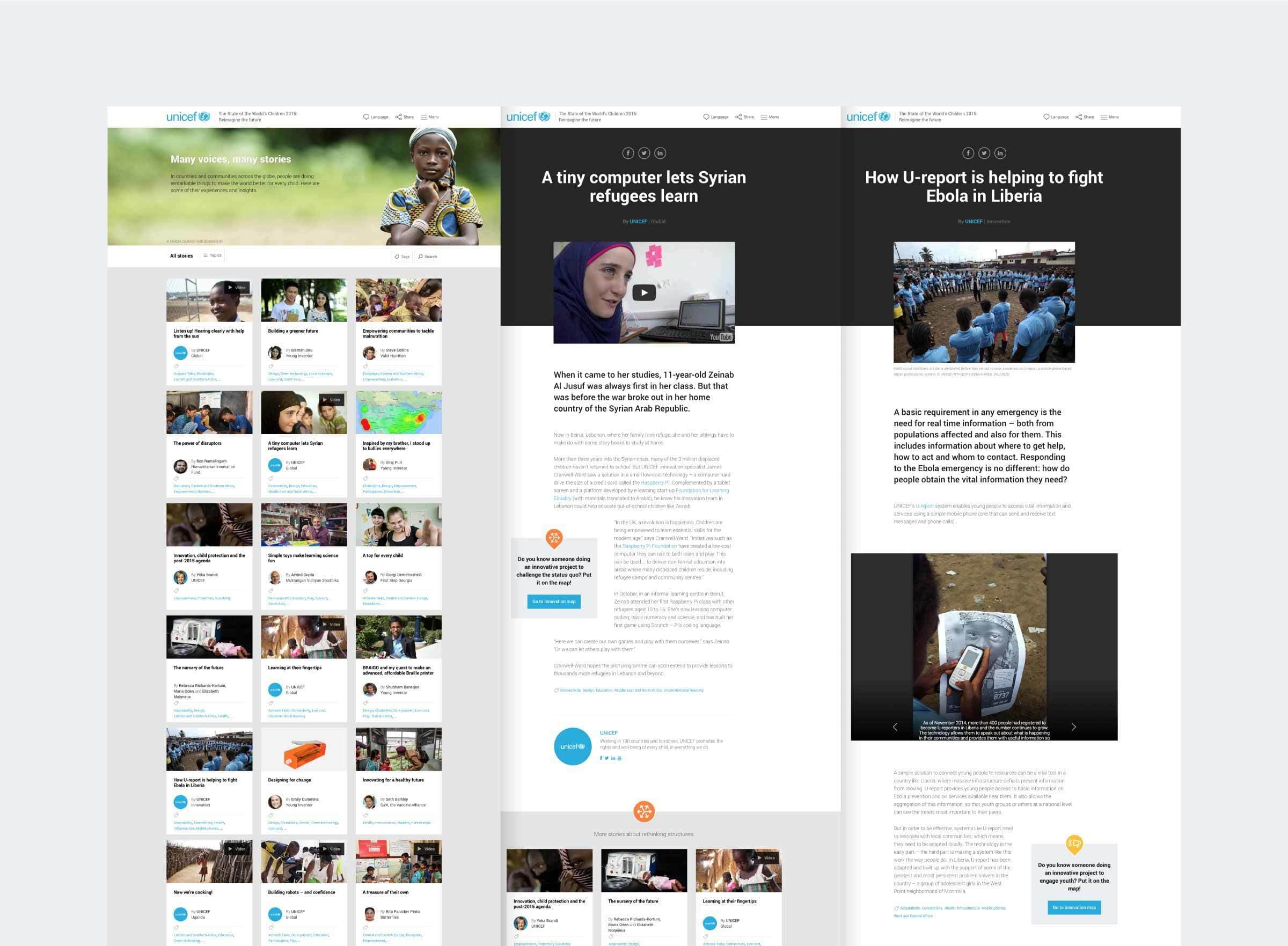 Screenshot of UNICEF's website displaying three columns. The left column features stories about children, the center highlights an article about a computer helping Syrian refugees learn, and the right focuses on U-report aiding in the fight against Ebola in Liberia.