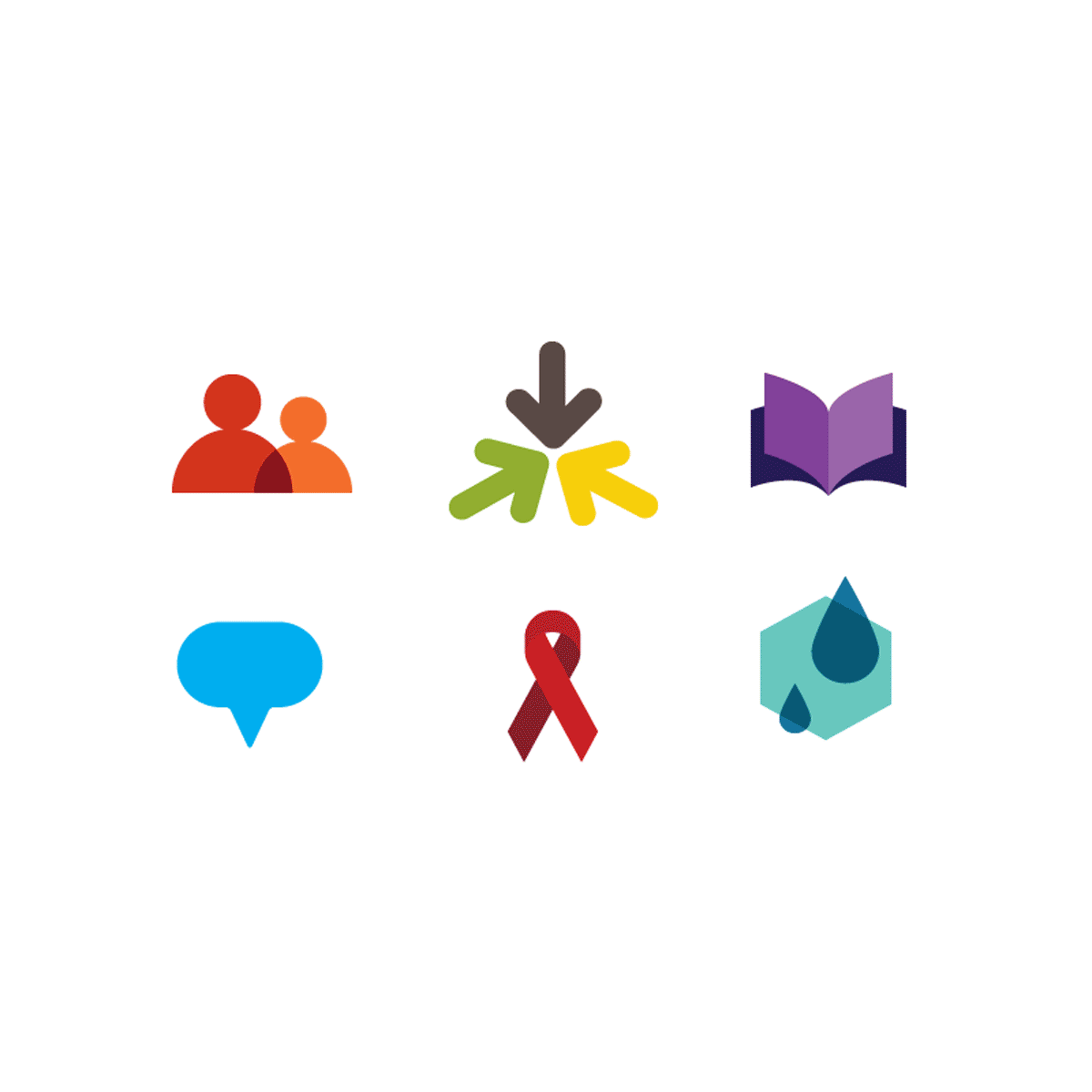 Six colorful icons on a white background represent various themes: a pair of people, converging arrows, an open book, a speech bubble, a red ribbon, and a water droplet over a hexagon. The icons symbolize community, focus, education, communication, health, and hydration.