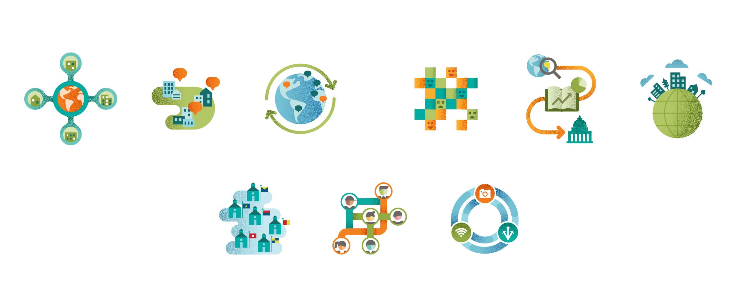 Illustration displaying eight icons representing various concepts: a connected world, urban buildings, global rotation, a grid pattern, data analysis, residential area, network connections, and a circular cycle of technology and communication.