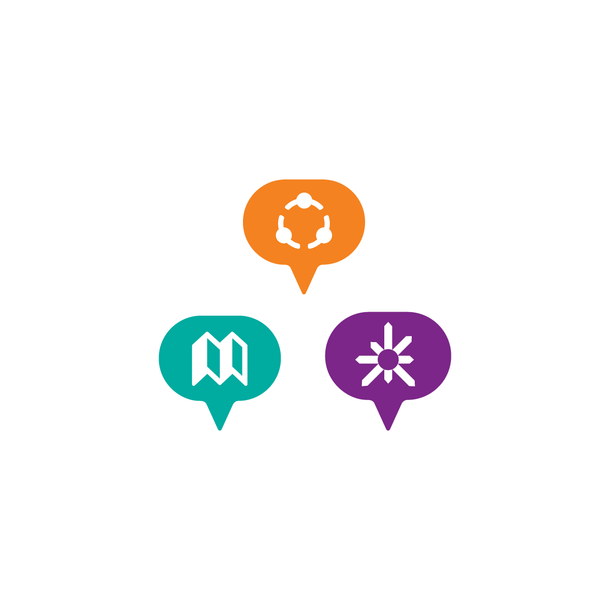 Three colored speech bubbles on a white background: an orange bubble with a circular network icon, a teal bubble with a folded map icon, and a purple bubble with a sun-like icon.