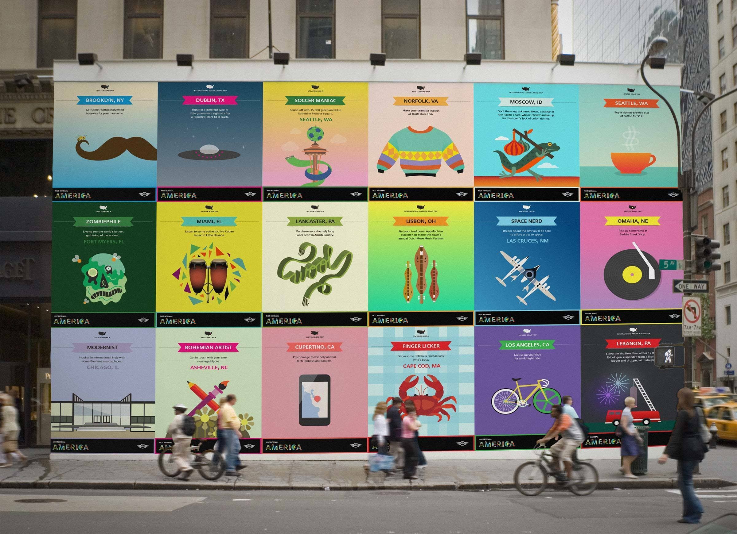 A large street wall display features colorful posters for various events, each with distinct illustrations. Bicyclists, pedestrians, and a yellow taxi are visible in the foreground, with a cityscape in the background.