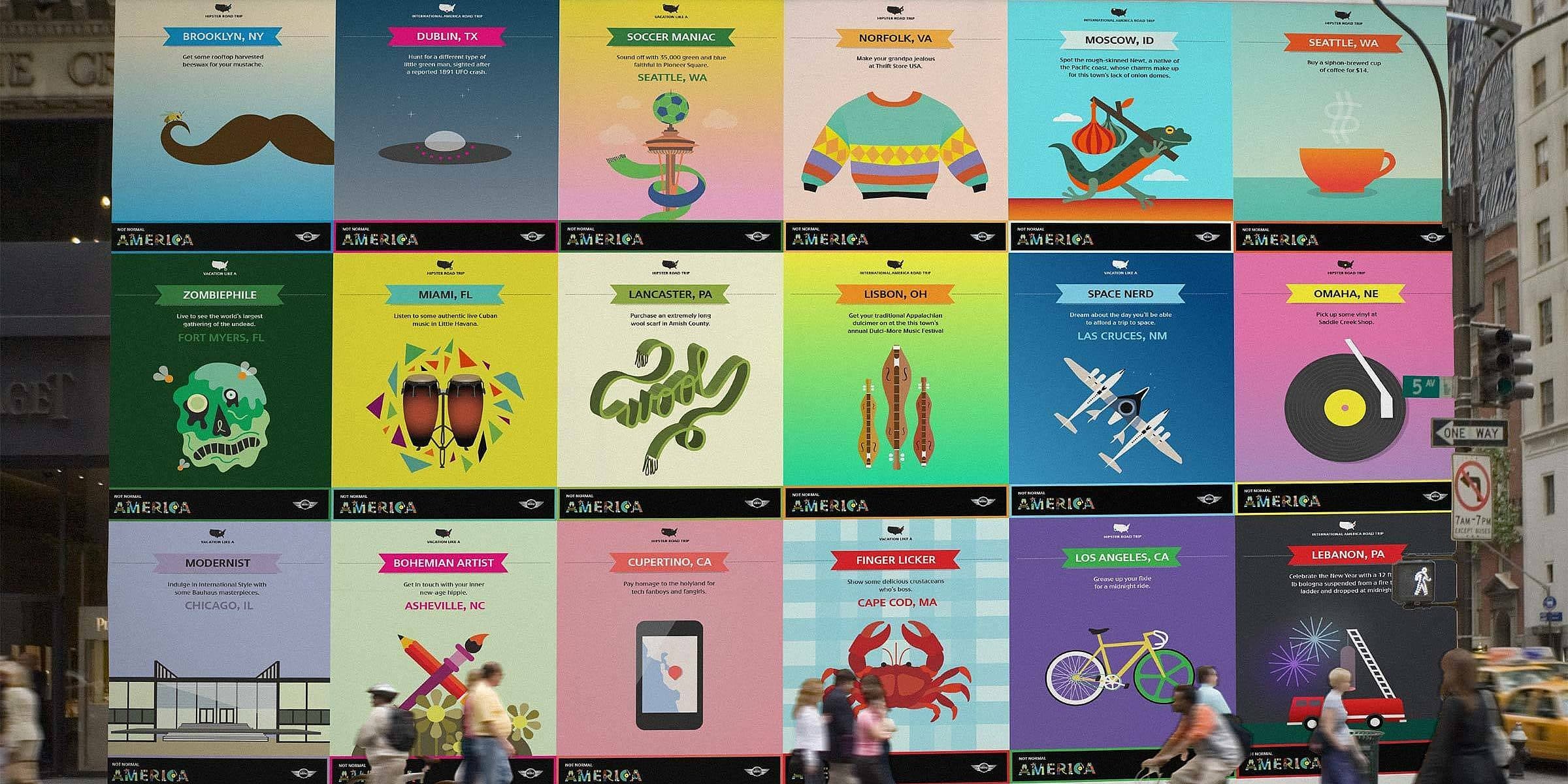 A large street wall display features colorful posters for various events, each with distinct illustrations. Bicyclists, pedestrians, and a yellow taxi are visible in the foreground, with a cityscape in the background.