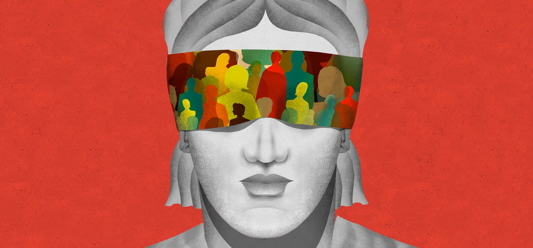 Illustration of a grayscale marble bust wearing a colorful blindfold depicting various human silhouettes. The background is solid red. The image suggests a blend of classical art with modern elements, focusing on themes of perception and diversity.