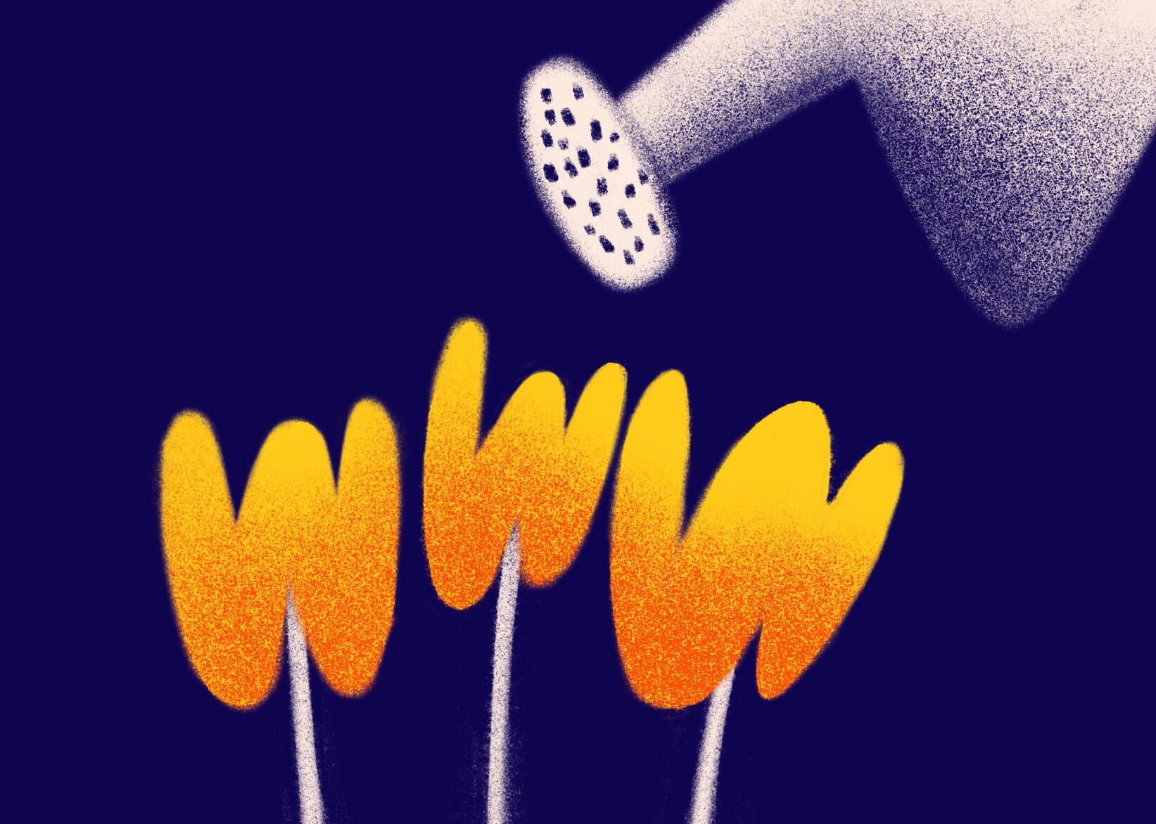 Illustration of a watering can showering three stylized orange flowers against a dark blue background. The flowers and the spout of the watering can are highlighted with soft gradients, creating a glowing effect.