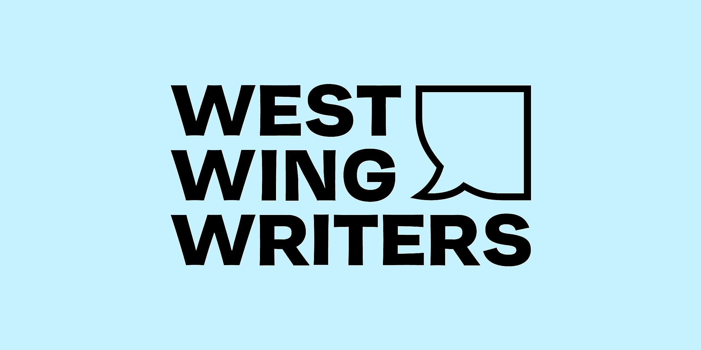 The image displays the emblem of "West Wing Writers" against a light blue background. The text "West Wing Writers" is in bold, black, uppercase letters, with a speech bubble icon on the right side of the words "West Wing.