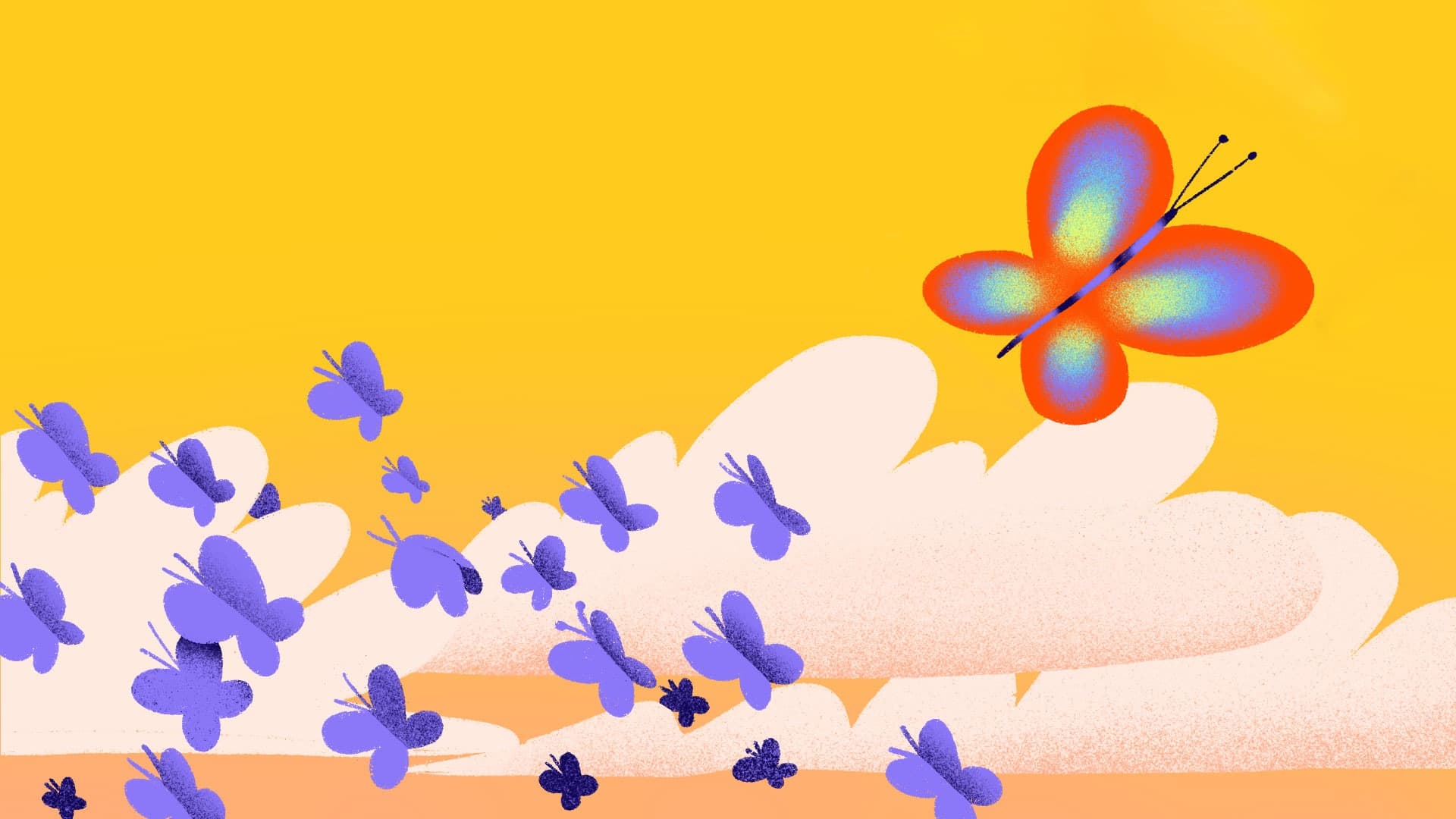 Illustration of a large, colorful butterfly flying above a group of smaller purple butterflies against an orange and yellow sky with fluffy white clouds.