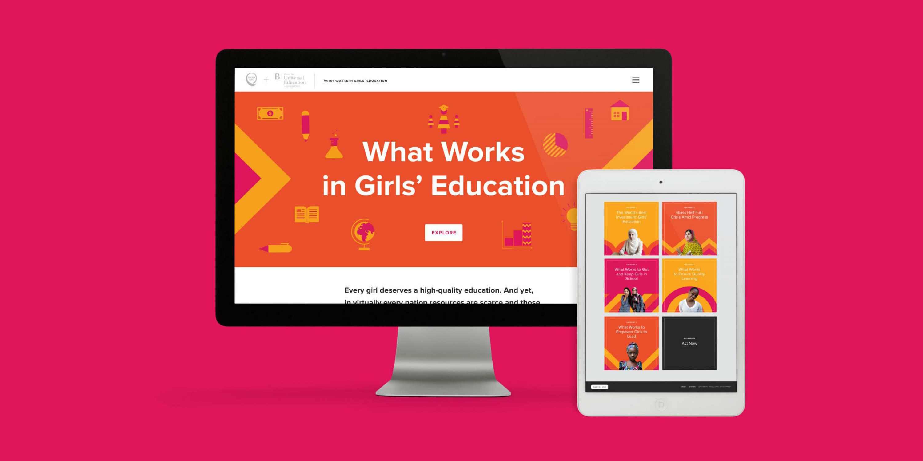 A computer monitor and a tablet display a website titled "What Works in Girls' Education" against a bright pink background. The site features vibrant graphics and text promoting high-quality education for girls.