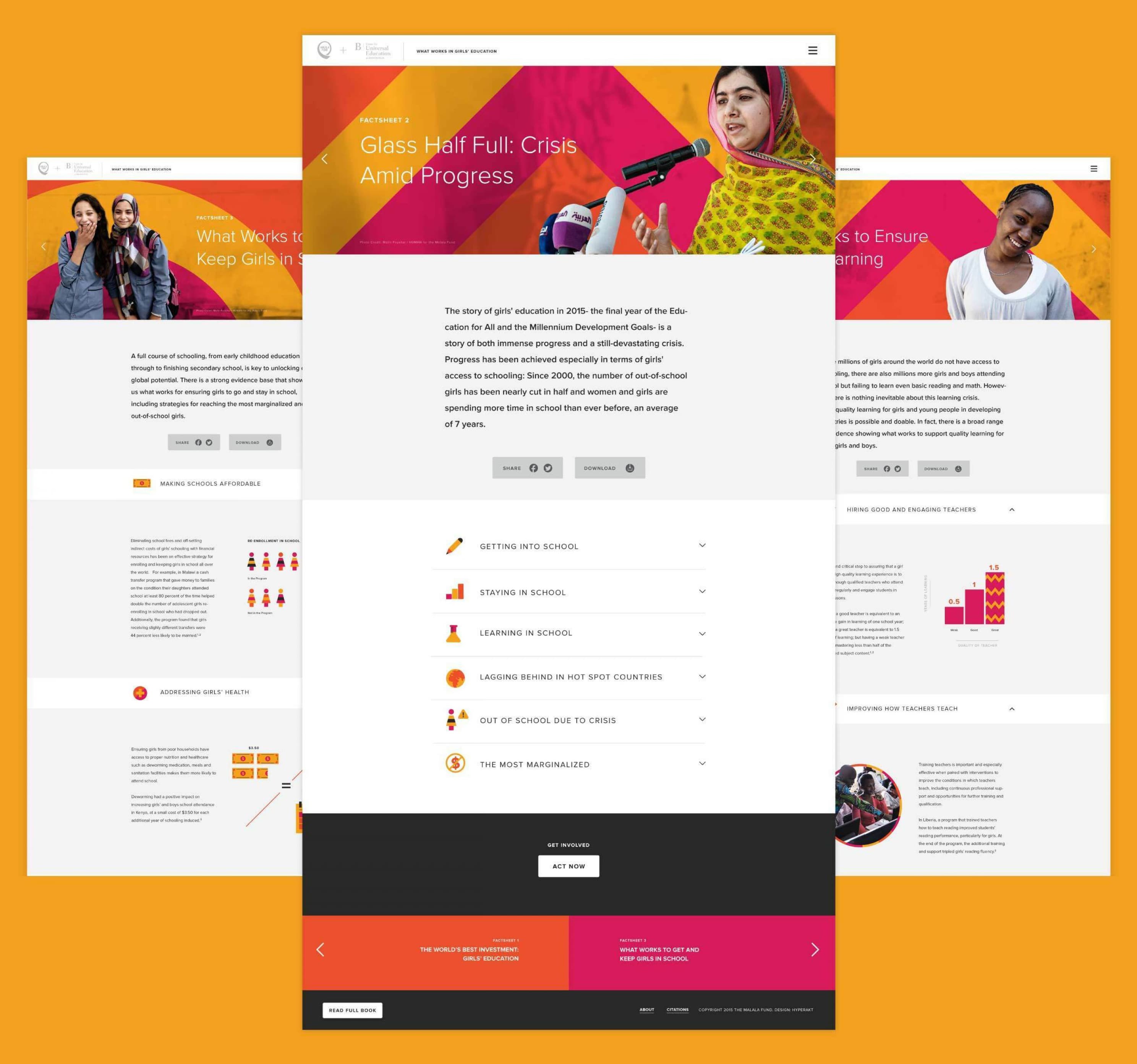 A digital infographic with multiple sections presented in a colorful, modern design. It highlights information on girls' education, featuring photos of girls and graphics depicting statistics related to education crises. The infographic has icons, charts, and blocks of text.