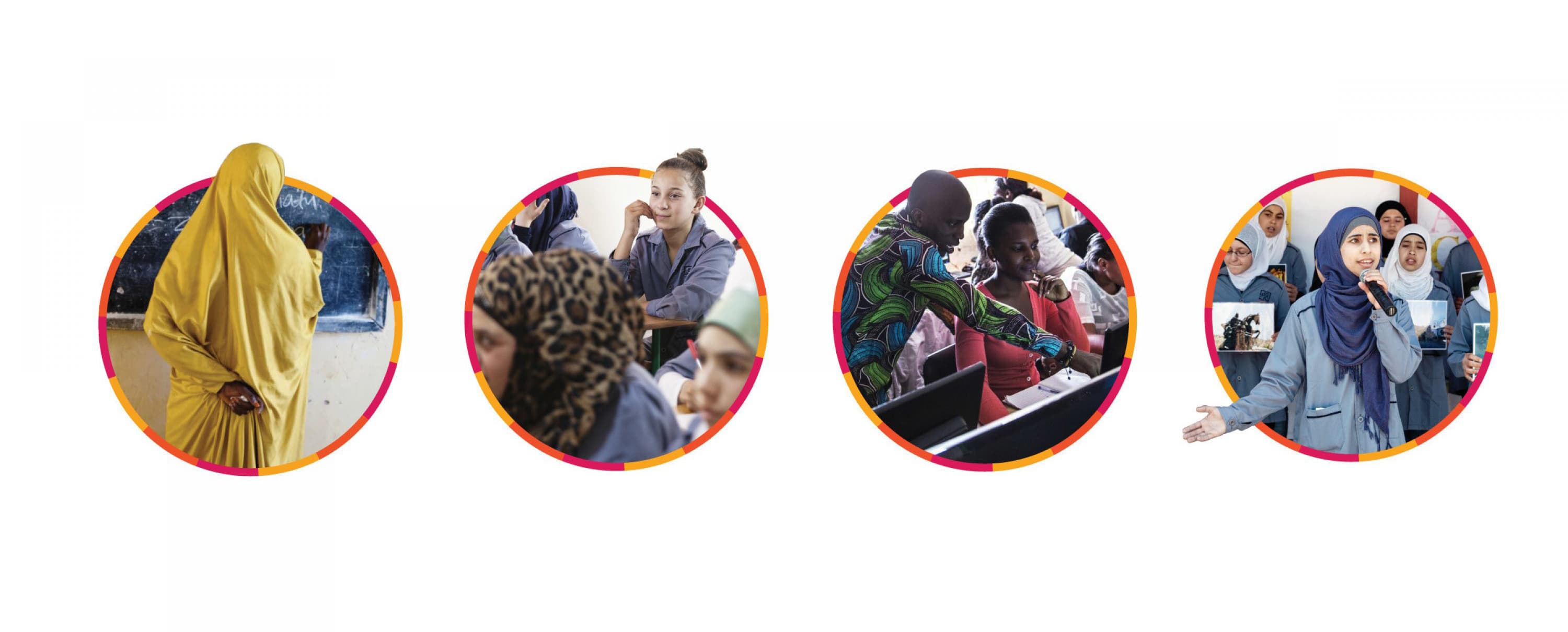 The image contains four circular photos in a row. The first shows a person in a yellow garment. The second depicts two people in a classroom setting. The third shows a person in colorful clothing teaching a student on a laptop. The fourth shows a person speaking to a group.